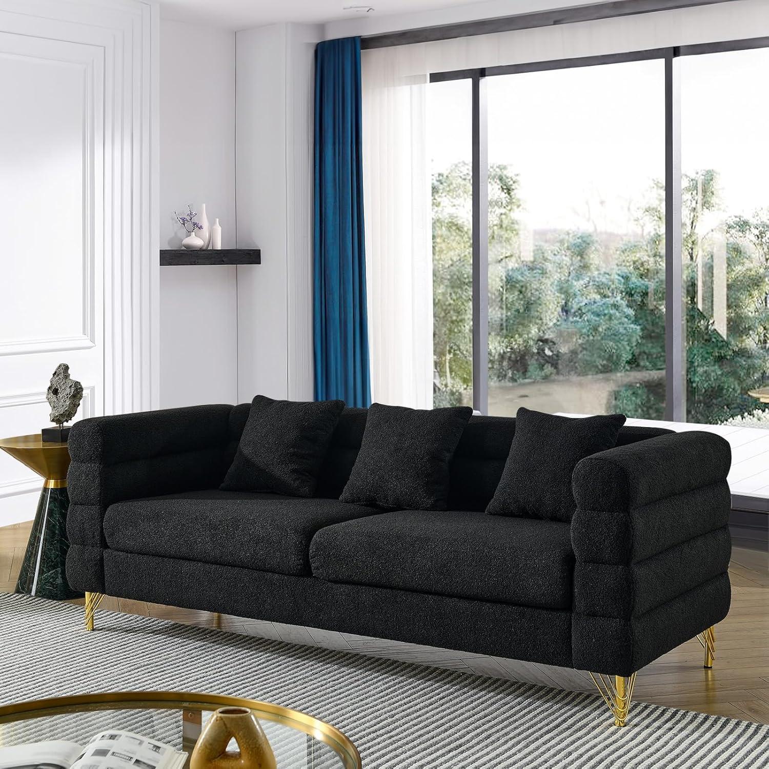 81'' Modular Oversized 3 Seater Velvet Sofa, Deep Seating with 3 Pillows for Living Room, Bedroom, Black - Maison Boucle
