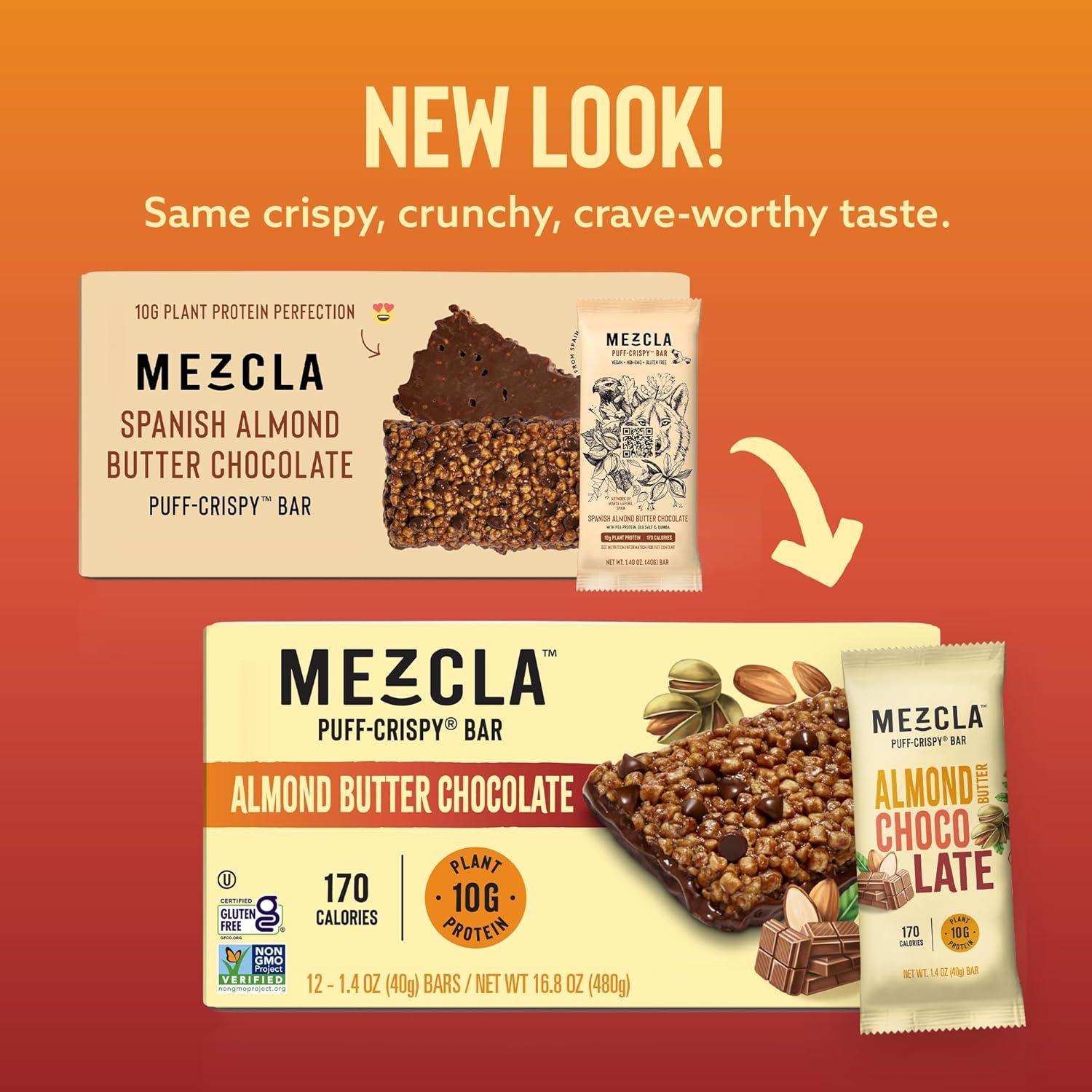 Mezcla Puff Crispy Protein Bars, Gluten Free & Vegan Protein Bars, 10g Protein, Alt for Crispy Rice Treat, Granola Bars & Breakfast Bars, Healthy Snacks for Adults, Almond Butter Chocolate, 12 Pack