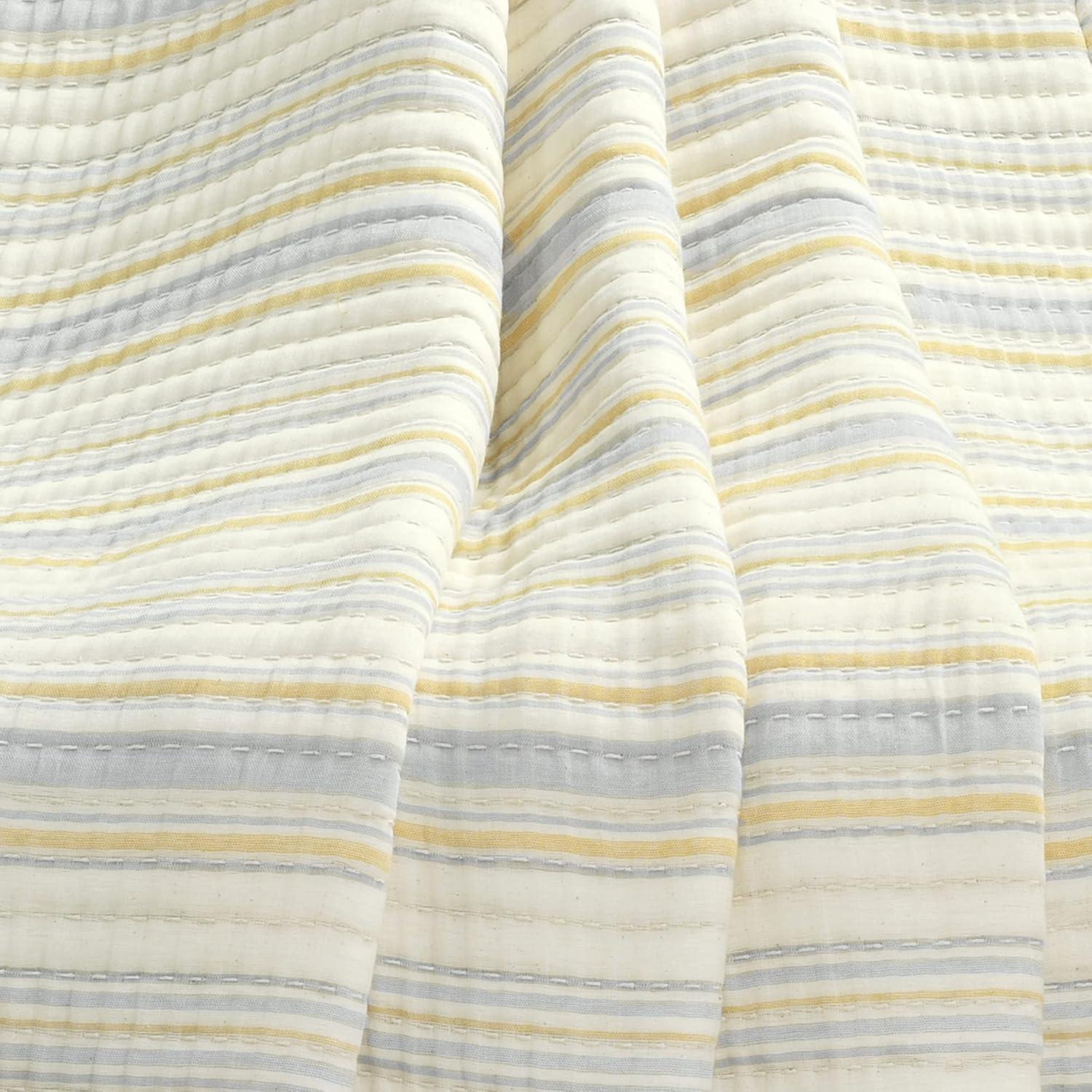 50"x60" Solange Striped Kantha Pick Stitched Yarn Dyed Cotton Woven Throw Blanket Yellow - Lush Décor: Modern Style, All Season Comfort