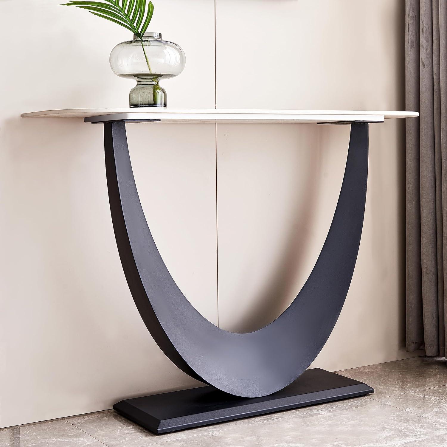 47'' Black and White Sintered Stone Console Table with Metal Base