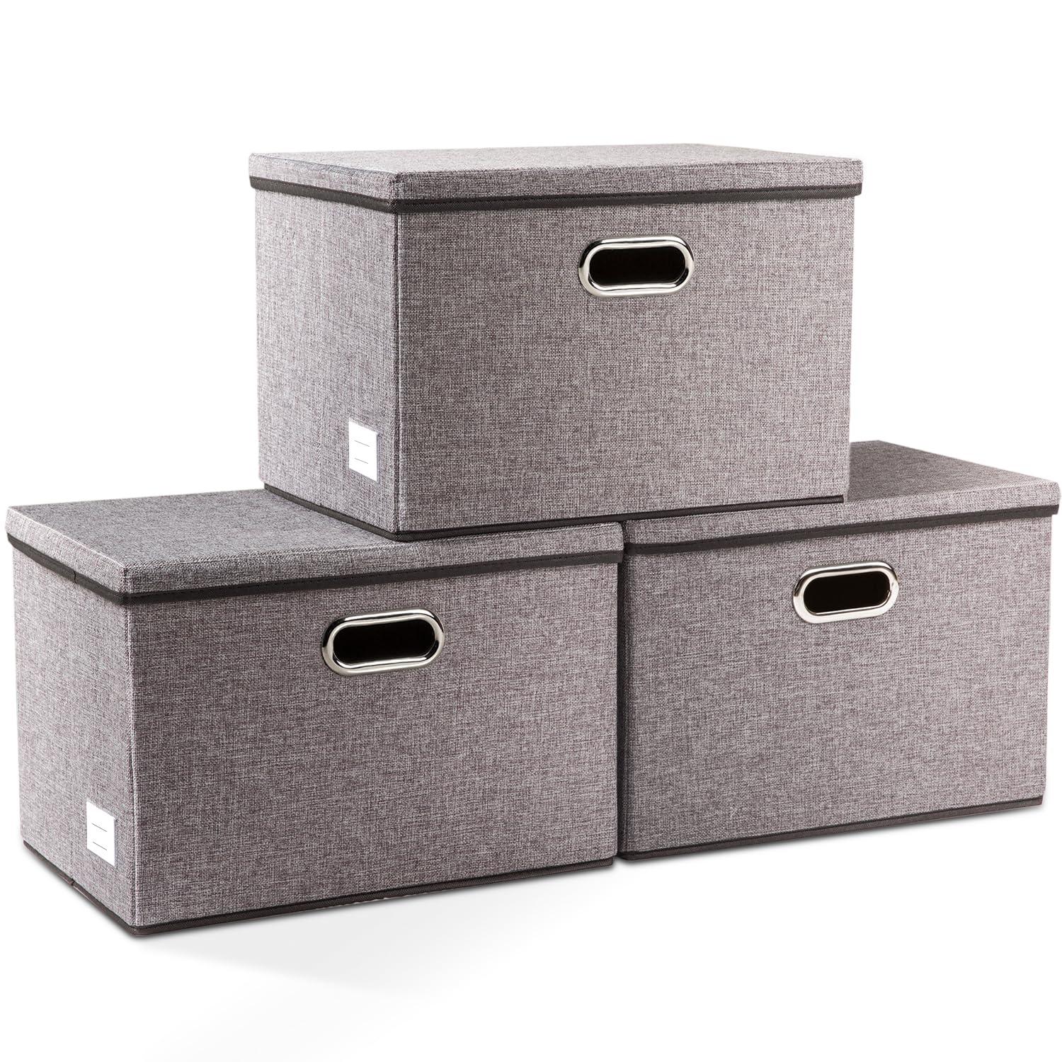 3 Pack Collapsible storage bins with lid. Foldable Storage bins for shelves, closet, office bedroom, or nursery. Containers made with linen fabric and stainless steel handles for organizing.