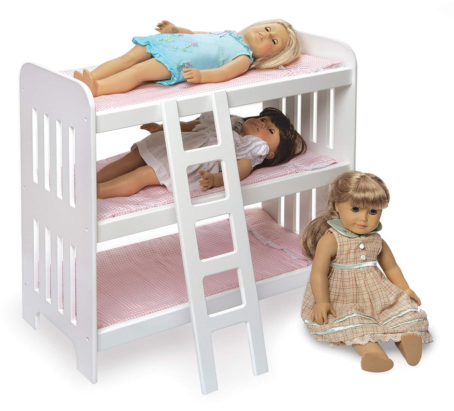 Badger Basket Triple Doll Bunk Bed with Ladder, Bedding, and Free Personalization Kit - Pink Gingham