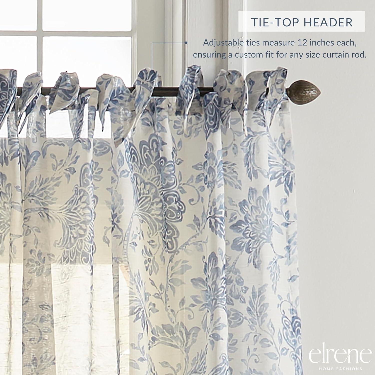 Westport Floral Tie-Top Cottagecore Sheer Single Window Curtain Panel - 52" x 84" - Indigo - Elrene Home Fashions