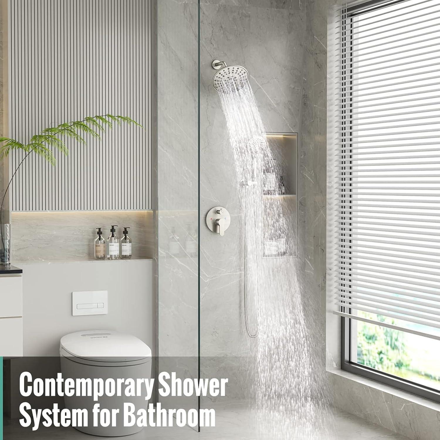 SR SUN RISE Shower Faucet - 8 Inch Multifunctional High Pressure Shower Head System with Handheld Shower Head Fixtures - Valve Included - Brushed Nickel
