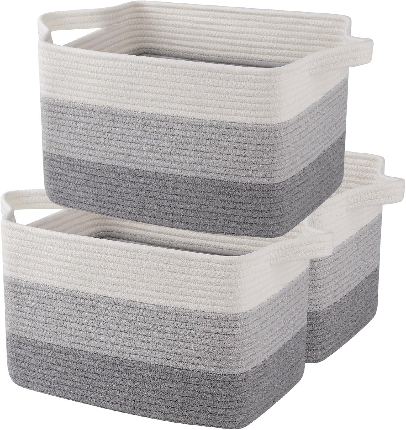 KOUROUU 3 Pack Cotton Rope Storage Basket Woven Shelf Storage Bin with Faux Leather Handles, Decorative Closet Shelf Woven Basket for Storage Organizers, 15 x 10 x 9, White/Gray