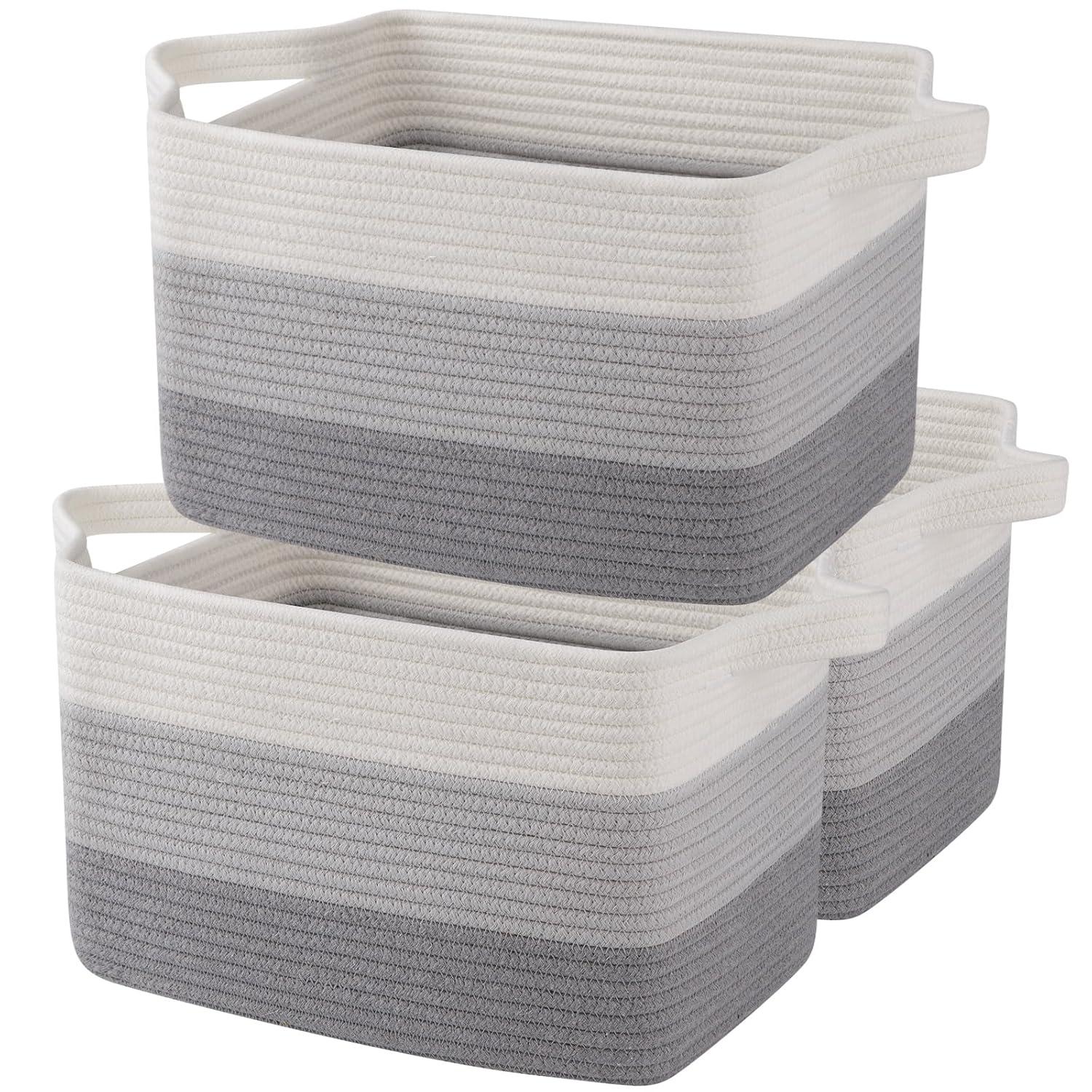 KOUROUU 3 Pack Cotton Rope Storage Basket Woven Shelf Storage Bin with Faux Leather Handles, Decorative Closet Shelf Woven Basket for Storage Organizers, 15 x 10 x 9, White/Gray
