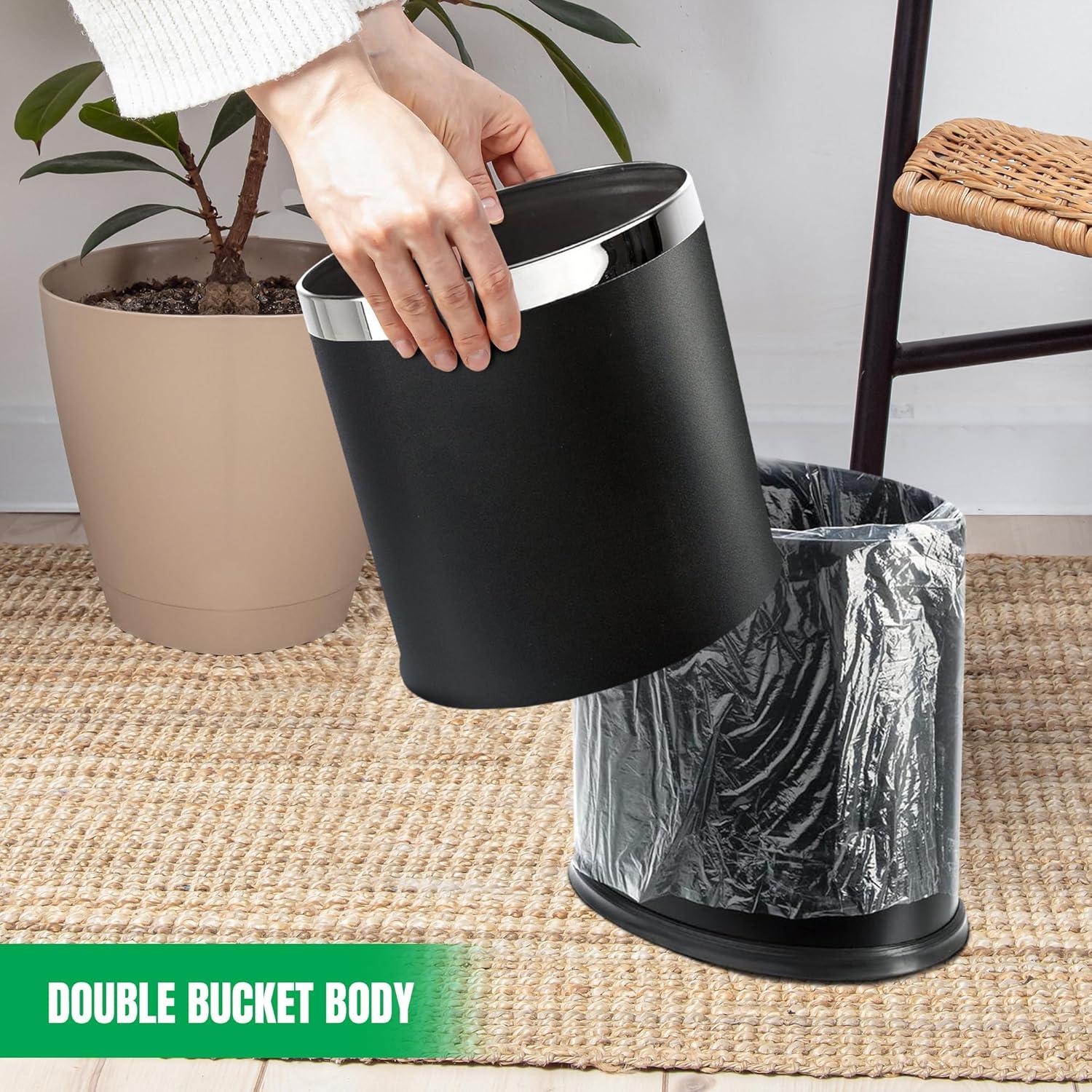 'Invisi-Overlap' Metal Trash Can, Open Top Small Office Wastebasket, Oval Shape (Black)