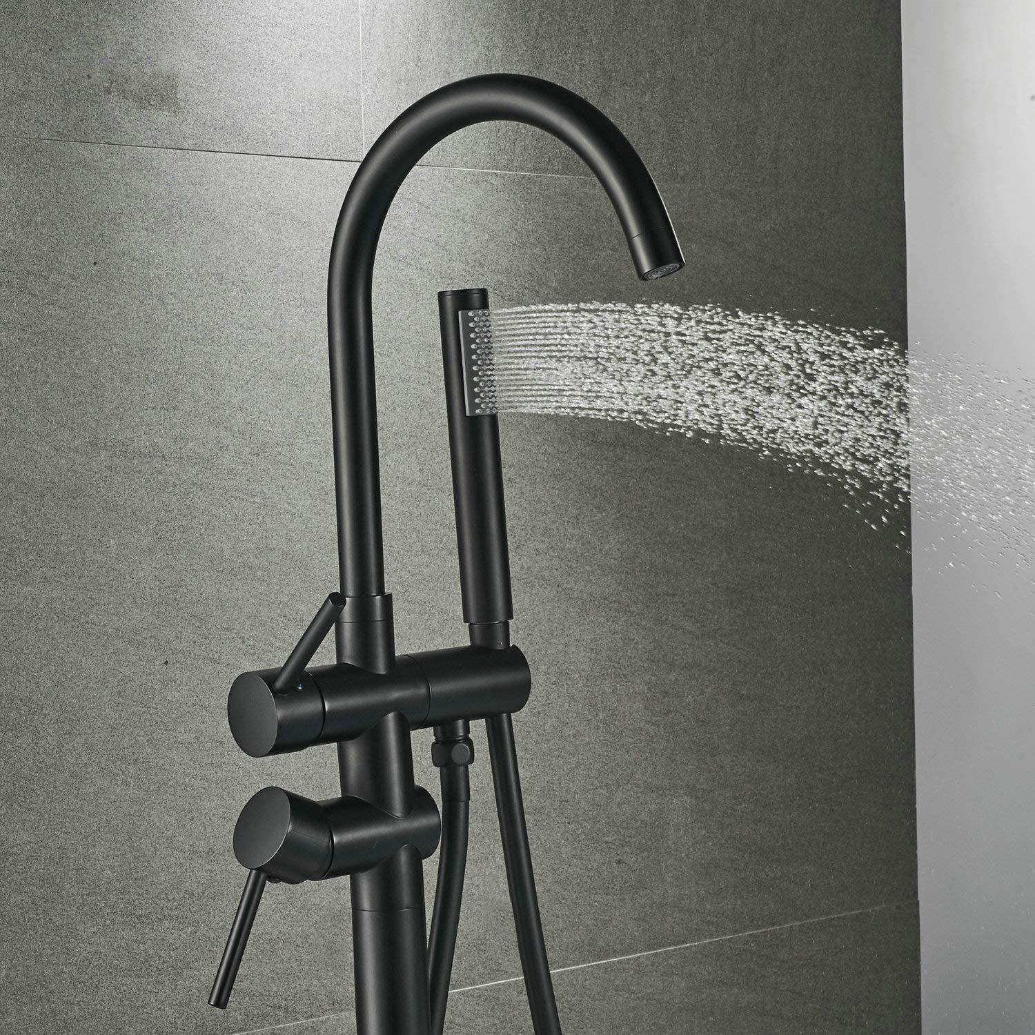 Freestanding Tub Faucet Tub Filler - Floor Mount Bathtub Faucet with Handheld Shower - Matte Black Shower Faucet Free Standing Bathroom Faucets SHUNLI