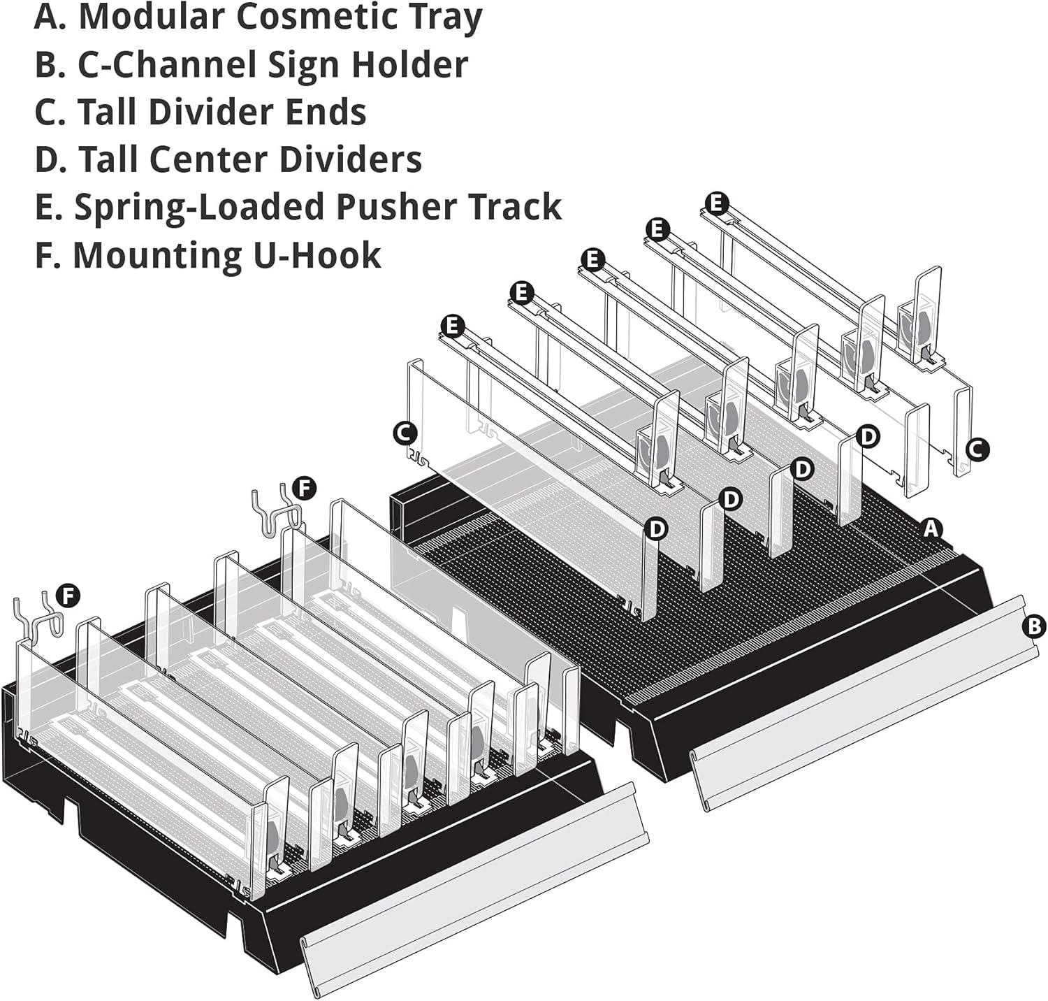 Azar Displays 225830-TALL-BLK Adjustable Tall Divider Bin Cosmetic Tray with Pushers - Customize Slot Size to Product, Black 2-Pack
