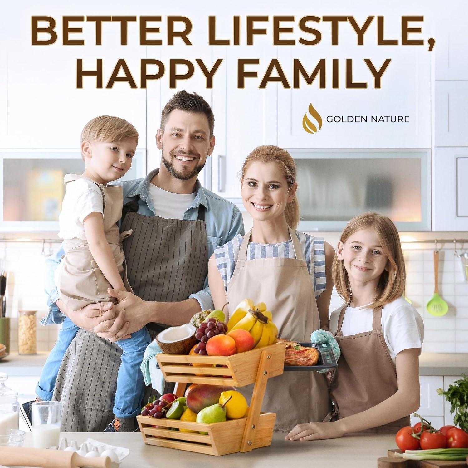 Bamboo Basket for Kitchen Counter Fruit & Vegetable Storage, Two Tier Wooden Fruit Bowl by Golden Nature