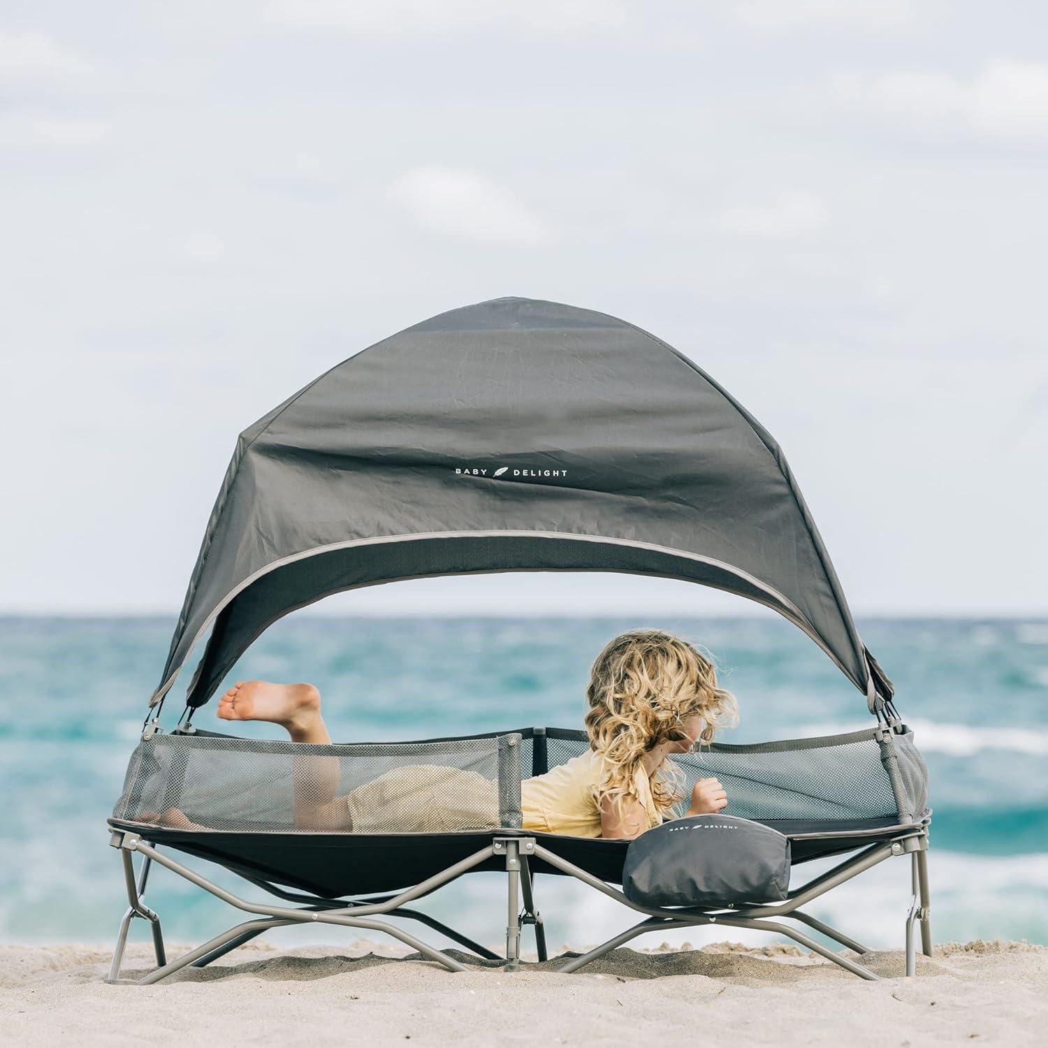 Grey Portable Toddler Travel Cot with Sun Canopy