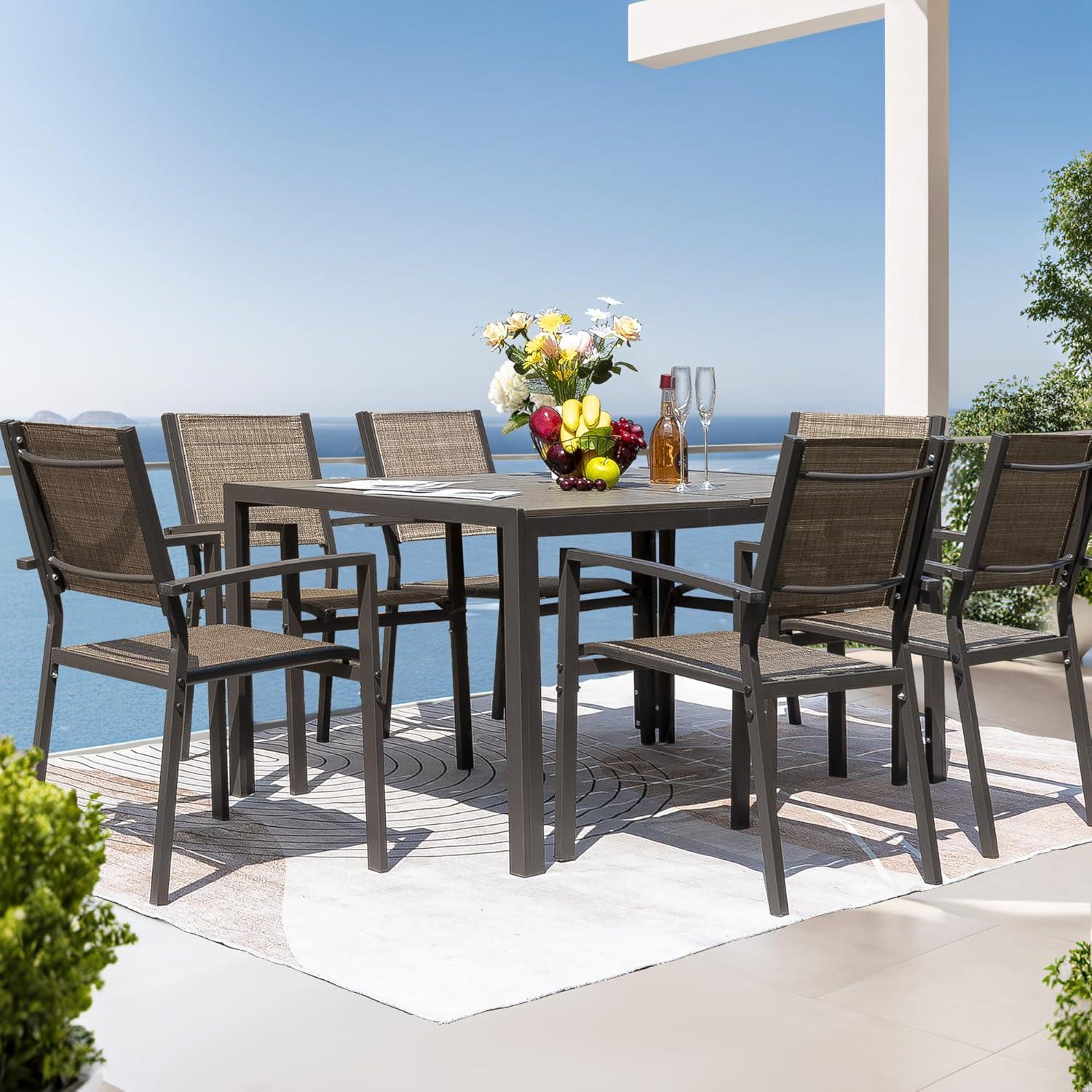 Homall Patio Dining Set 7 Pieces Outdoor Furniture with Large Table and 6 Textilene Chairs for Porch, Brown