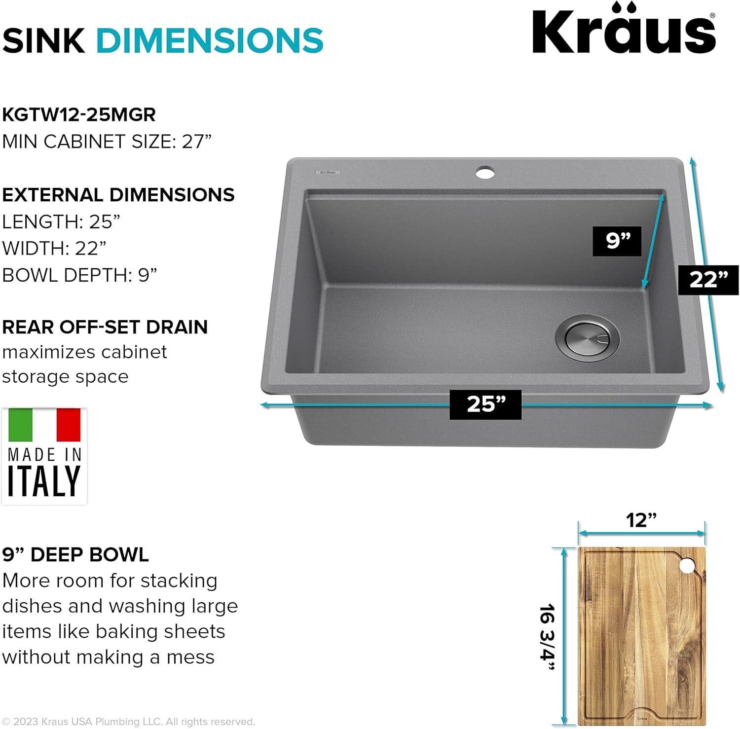 Kraus KGTW12-25MGR KRAUS Bellucci Granite Composite Workstation Drop-In Top Mount Single Bowl Kitchen Sink with Accessories