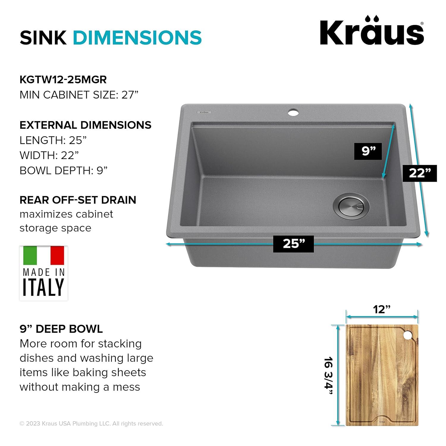 Kraus KGTW12-25MGR KRAUS Bellucci Granite Composite Workstation Drop-In Top Mount Single Bowl Kitchen Sink with Accessories