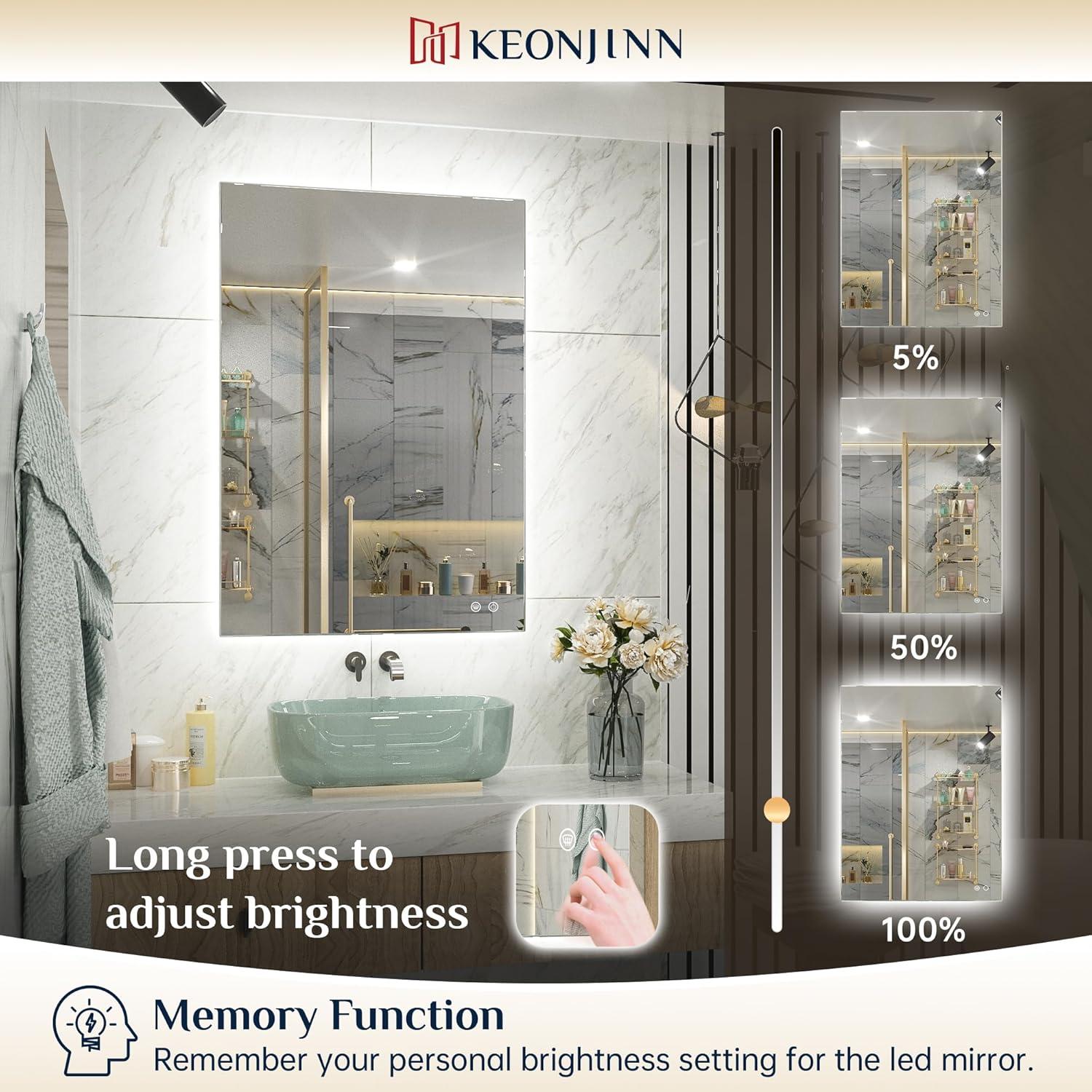 Keonjinn 40"x28" LED Backlit Mirror with Anti-Fog Dimmable Modern Rectangular Makeup Wall Mirror with Light, CRI90 Waterproof for Bathroom(Horizontal/Vertical)