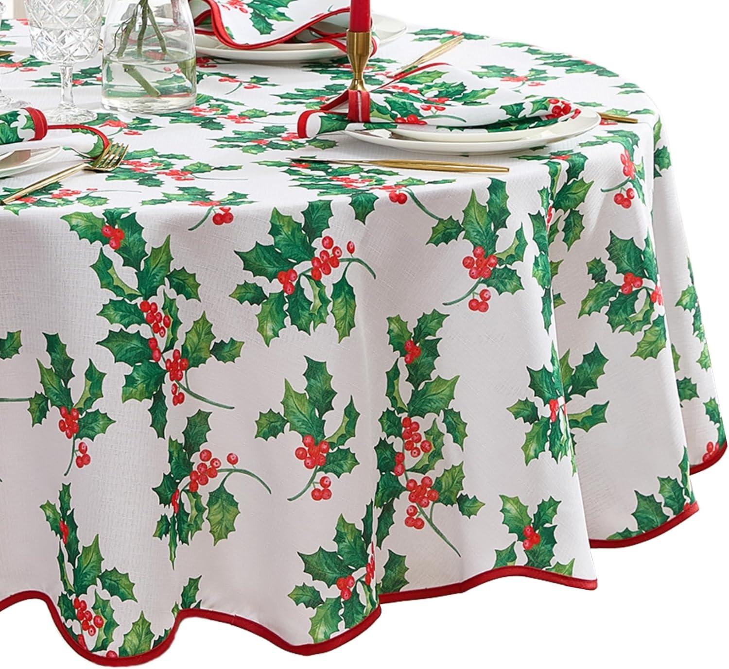 Vintage Holly Scallop Border Tablecloth - Multicolor - 60x84 Oval - Elrene Home Fashions