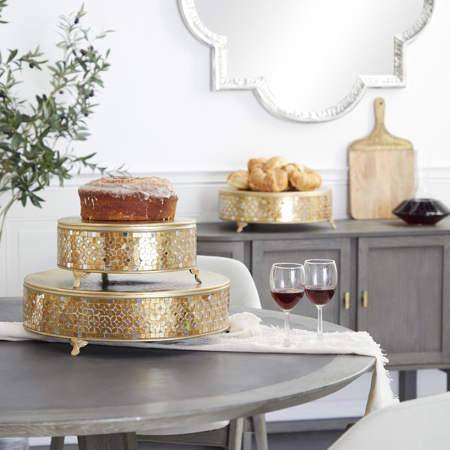 DecMode Metal Gold Glam Mosaic Patterned Decorative Cake Stand, Set of 3 19", 17", 13"W