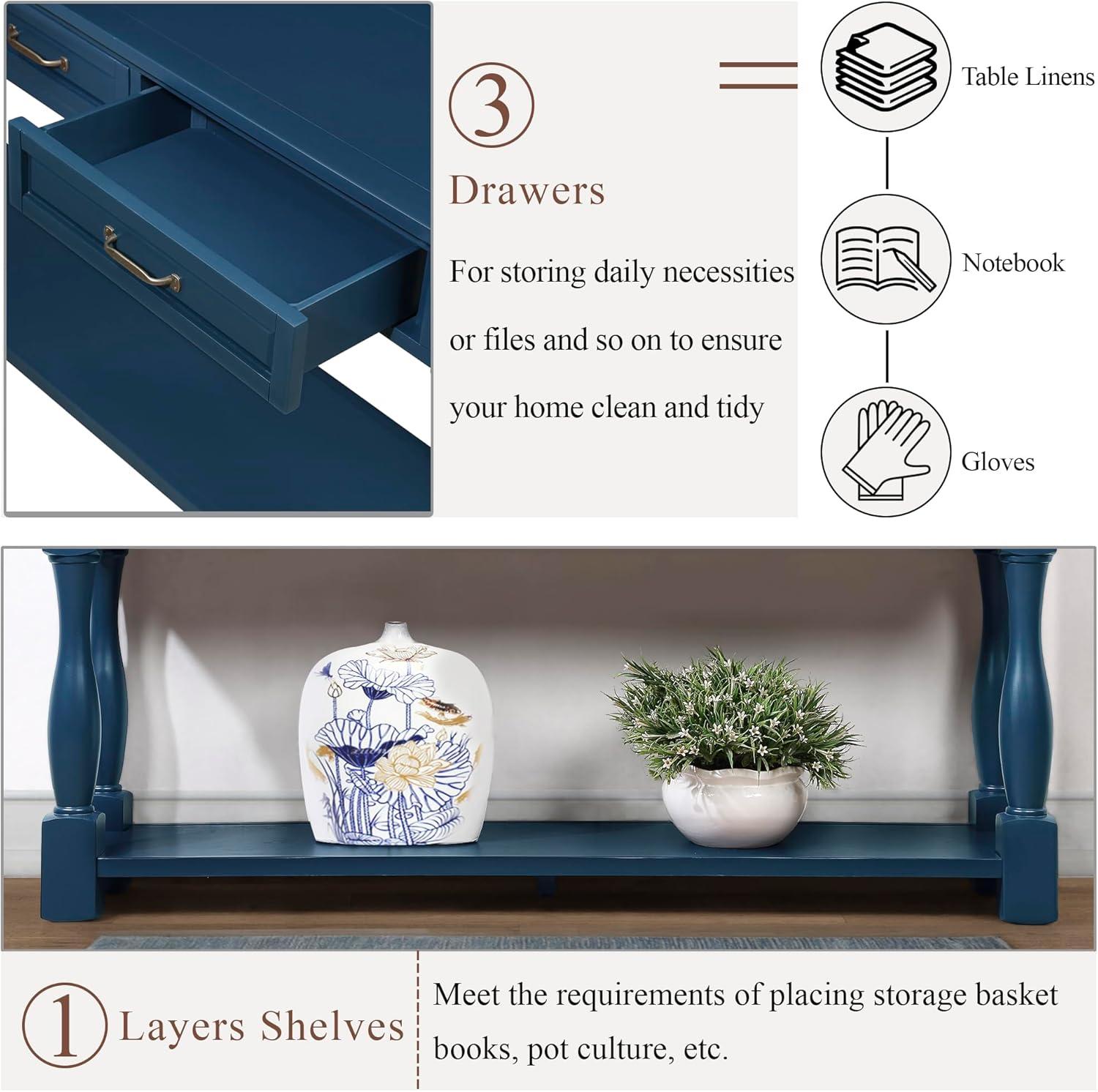 LKTART Solid Wood Console Table for Entryway,Long Sofa Table with 3 Drawers for Hallway,Foyer,Entry,Easy Assembled (63" Navy Blue)