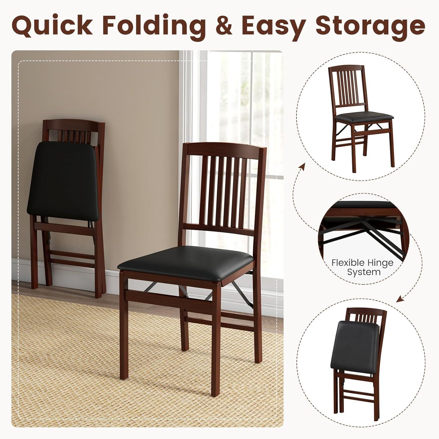 GVN Set of 2 Folding Chairs with Padded Seat and Rubber Wood Frame-Brown, Dining Room Chairs, Lounge Chair for Kitchen, Dining, Bedroom, Living