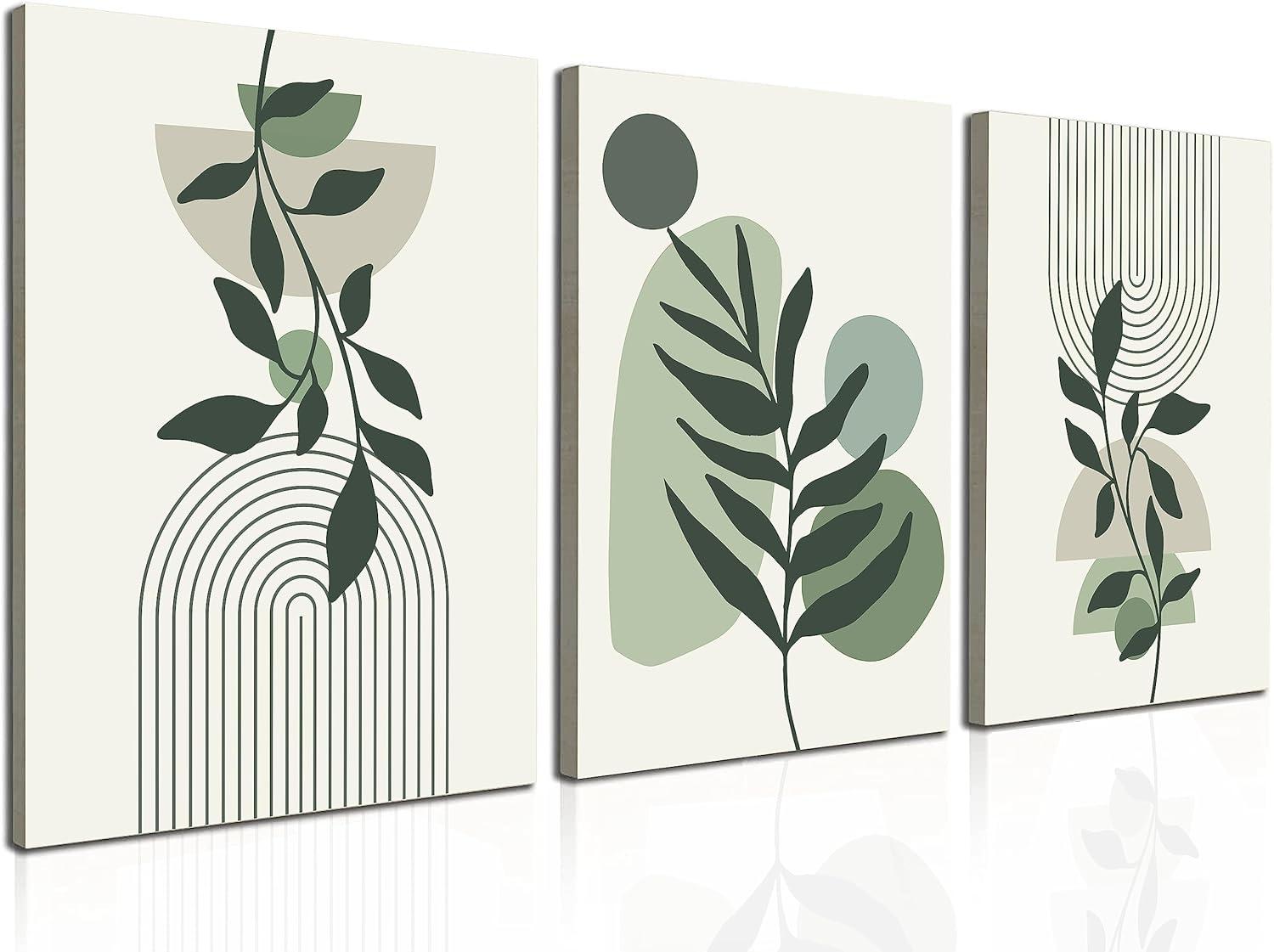 Boho Wall Art Set of 3, Mid-Century Modern Decor 12"x16" Framed Canvas Print Minimalist Botanical Geometric Abstract Neutral Room for Bathroom, Bedroom