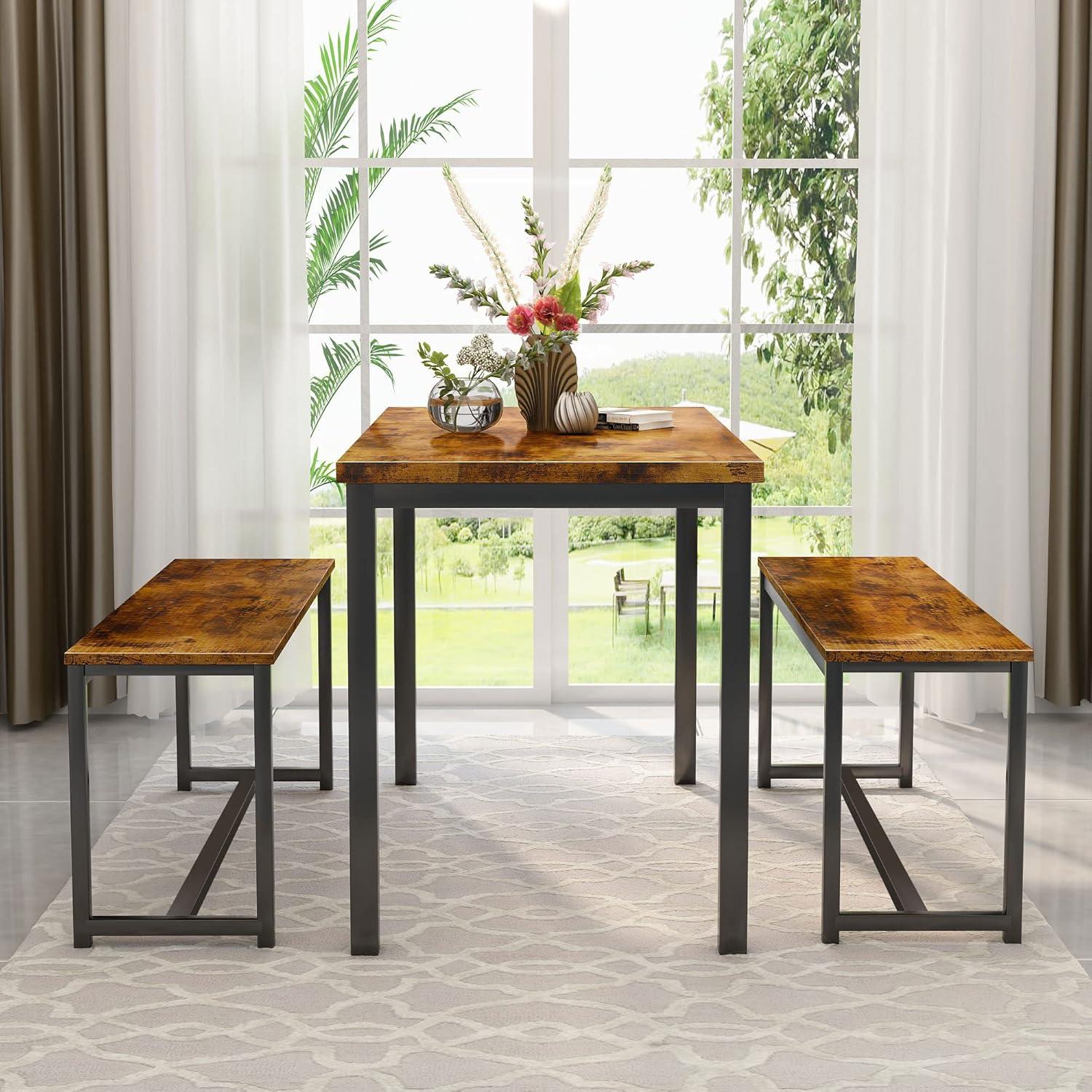 Rustic Brown and Black Industrial Dining Table Set with Benches