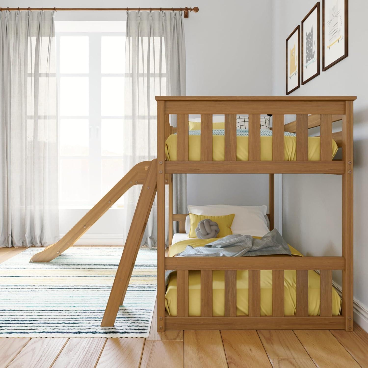 Max & Lily Twin Over Twin Low Bunk Bed with Slide, Solid Wood Kids Platform Bed with 14” Guardrails, Pecan