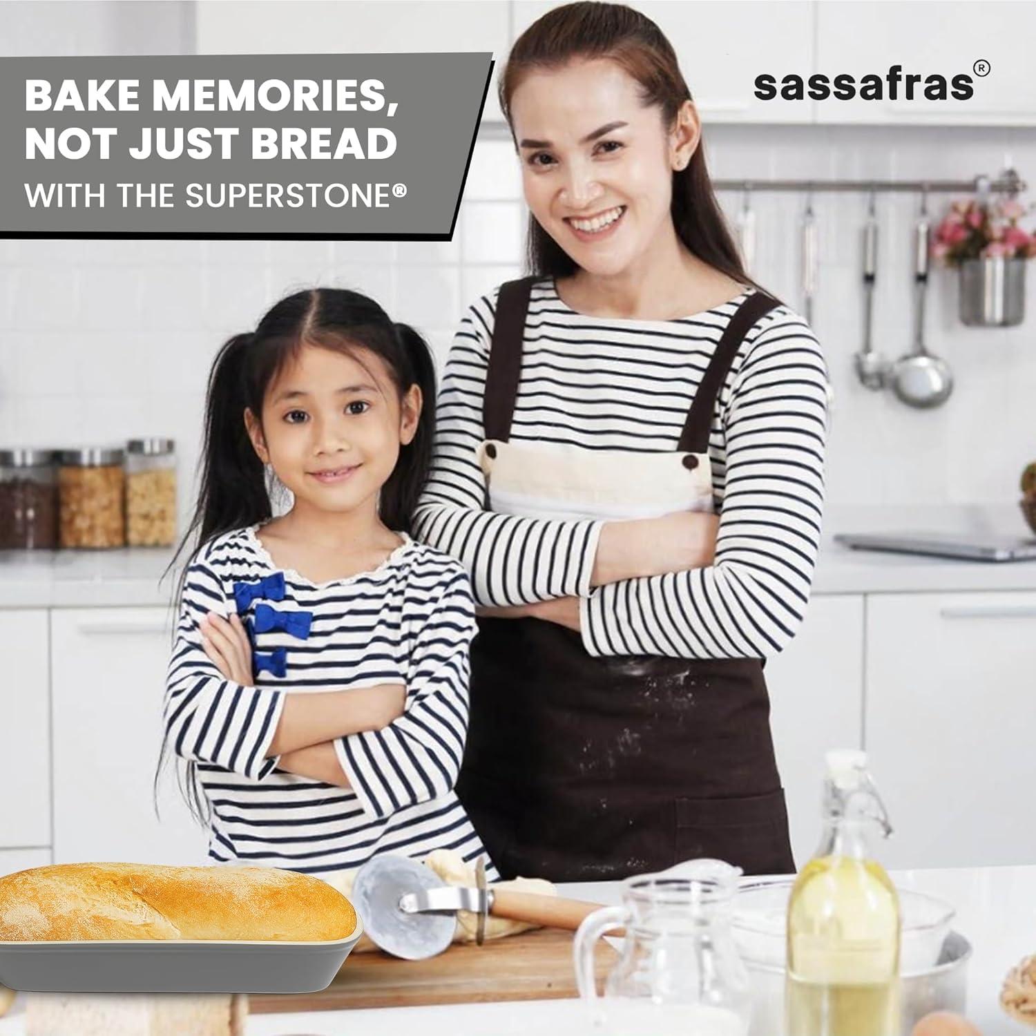 Sassafras Superstone® Covered Bread Baker with Lid - Bisque Glazed Exterior and Unglazed Interior Stoneware Bakeware - Bakes an Artisan Italian Bread with Crusty Crust and a Light Crumb