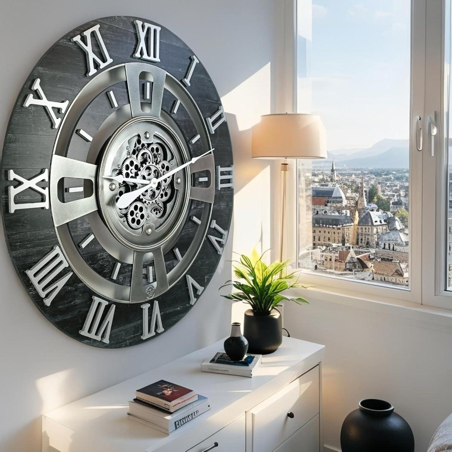 THE GEARS CLOCK Wall Clock with Real Moving Gears EN-LI_ 36 in Round Vintage-Black