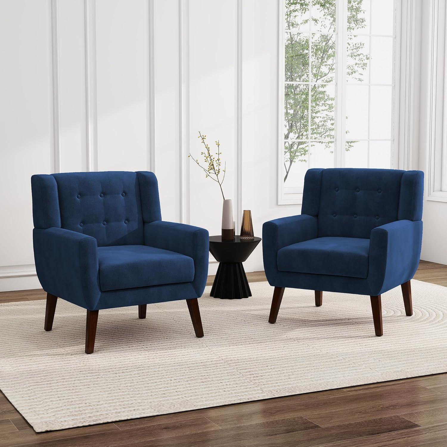 DREAMSIDEA Modern Button Tufted Accent Chair Set of 2 Upholstered Armchair Indoor,Velvet Living Room Chair for Bedroom,Royal Blue