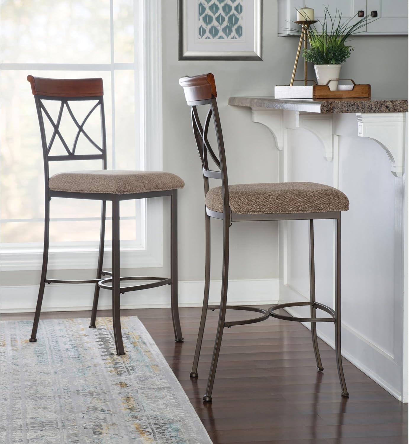 Linon Hamilton Metal Bar Stool Padded Beige Seat Wood Trim in Matte Pewter