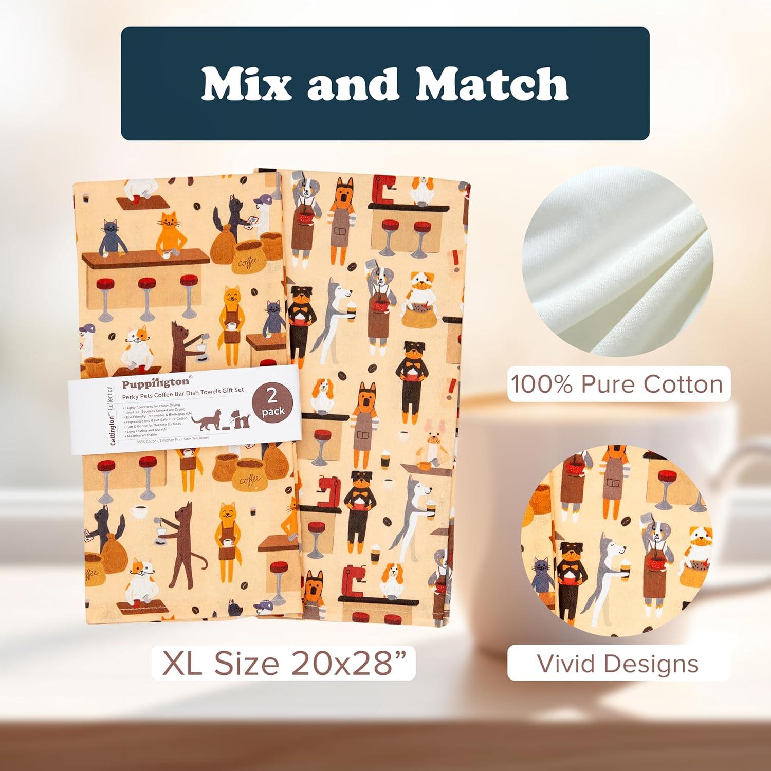 Puppington Dog and Cat Kitchen Towels - Dog and Cat Dish Towels for New Home Decorations - Gifts for Dog Moms and Cat Dads (Coffee Lovers)