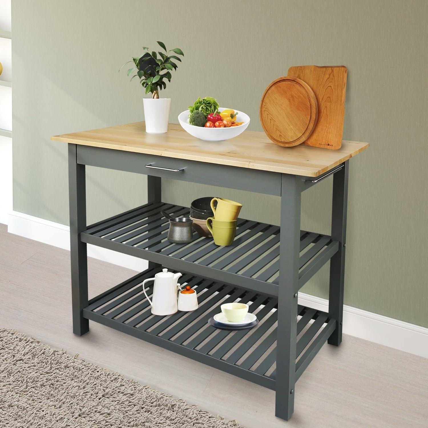 Casual Home Kitchen Island Bar Station with Hardwood Counter Top - Slate Gray
