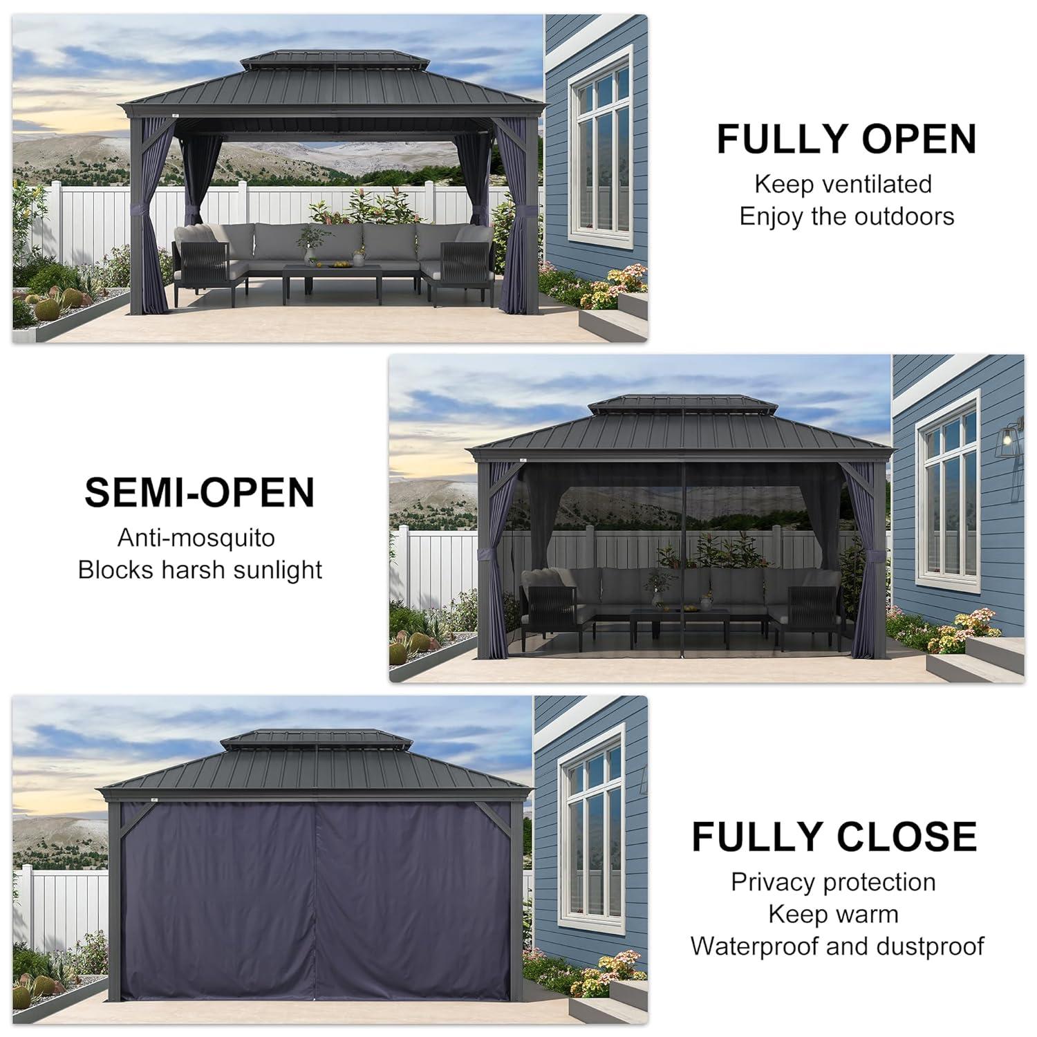 PURPLE LEAF 10' X 14' Hardtop Gazebo Aluminum Gazebo with Galvanized Steel Double Roof for Backyard Patio Lawn and Garden Curtains and Netting Included Navy Blue