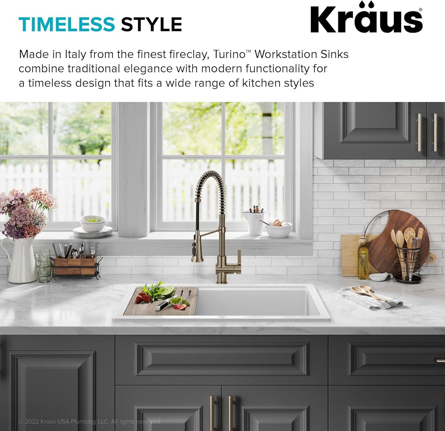KRAUS Turino™ 33" L Farmhouse Reversible Apron Front Fireclay Single Bowl Kitchen Sink