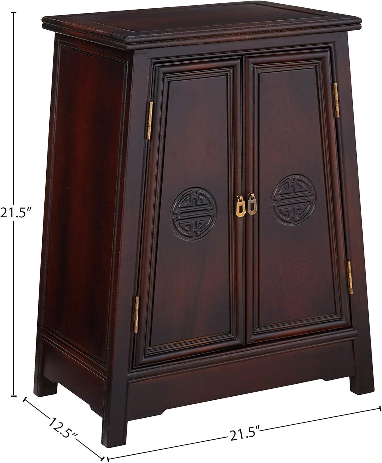 Walnut-Colored Trapezoidal Freestanding Cabinet with Hand-Carved Shou Symbol