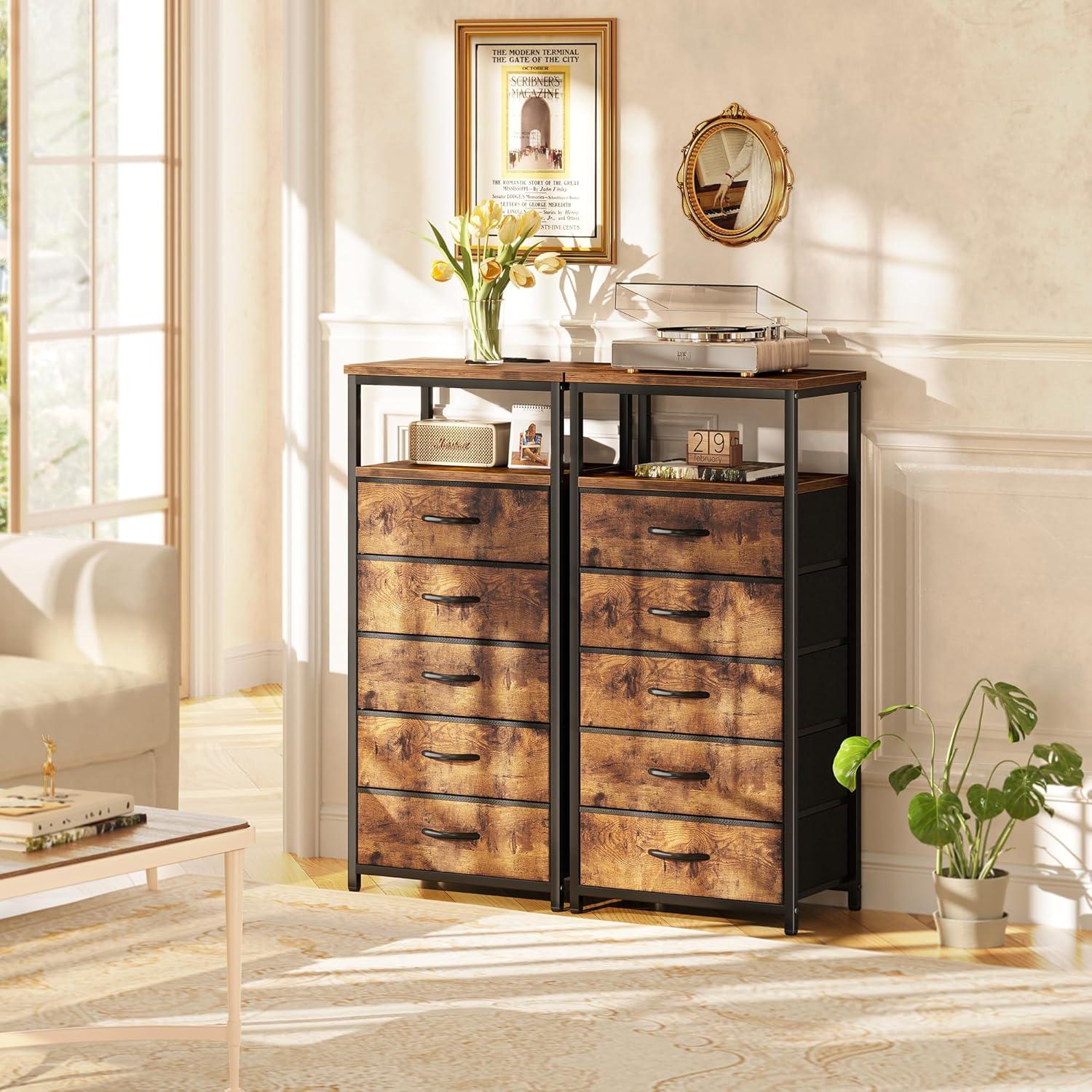 Huuger 5 Drawers Dresser with Charging Station, Dresser for Bedroom, Tall Night Stand, Chest of Drawers with Open Shelf, Bedside Table Nightstand, Fabric, for Entryway, Rustic Brown