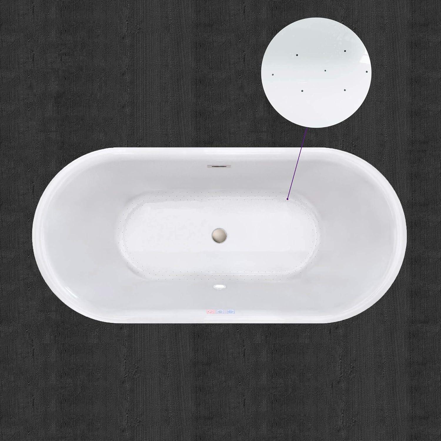 59'' White Acrylic Freestanding Soaking Bathtub with Brushed Nickel Overflow