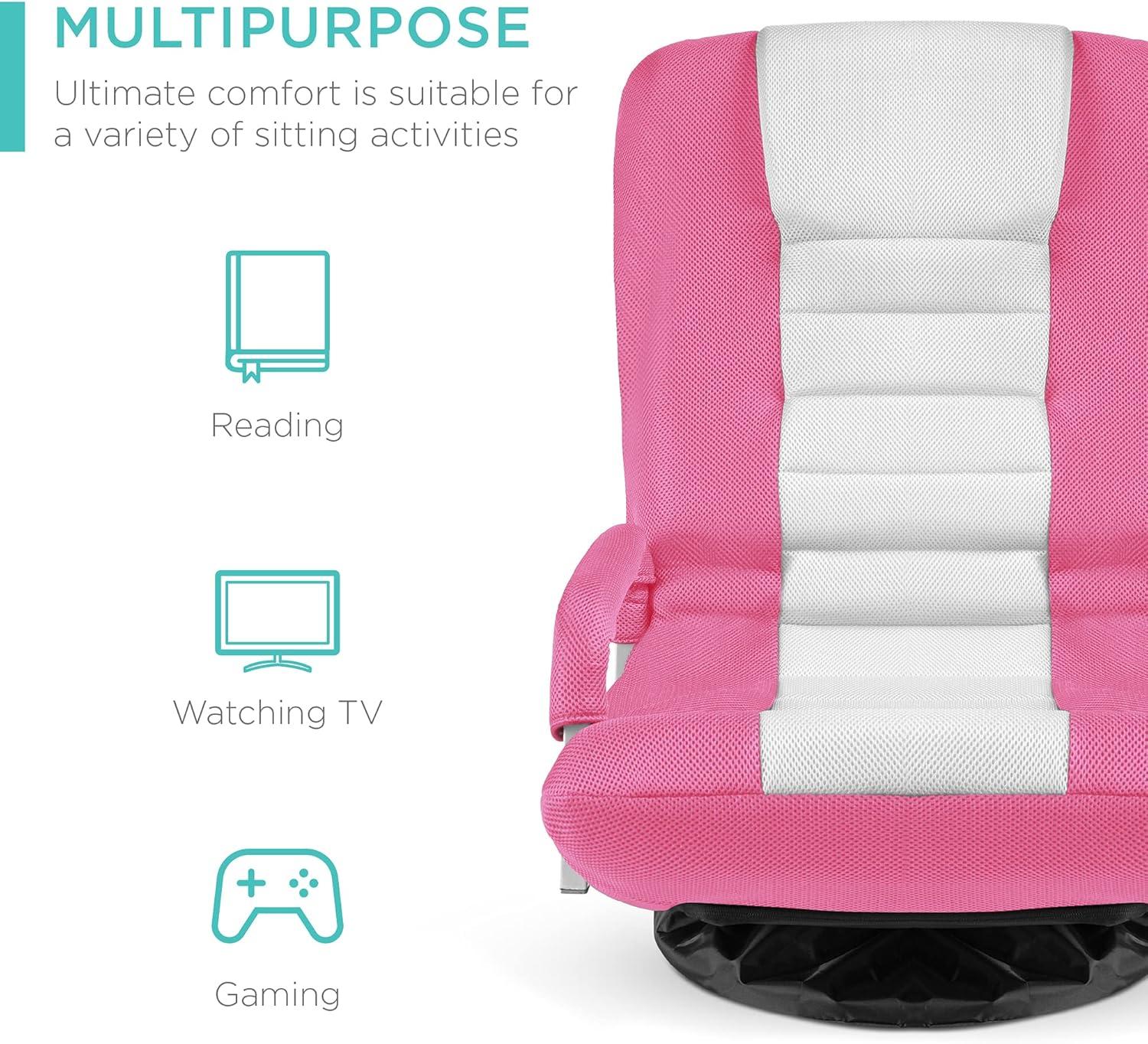Best Choice Products 360-Degree Swivel Gaming Floor Chair w/ Armrest Handles, Foldable Adjustable Backrest - Pink/White