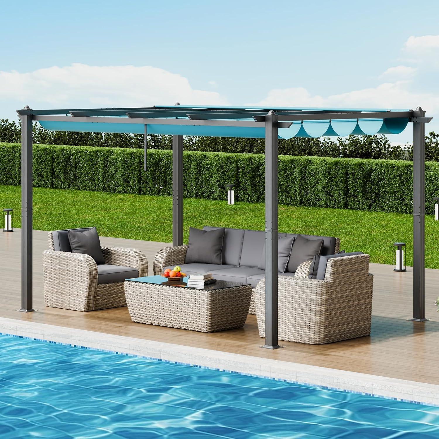VEVOR 10'x13' Outdoor Retractable Pergola with Canopy, Aluminum Pergola with Retractable Canopy, Modern Pergola with Sun Shade Canopy, Bule