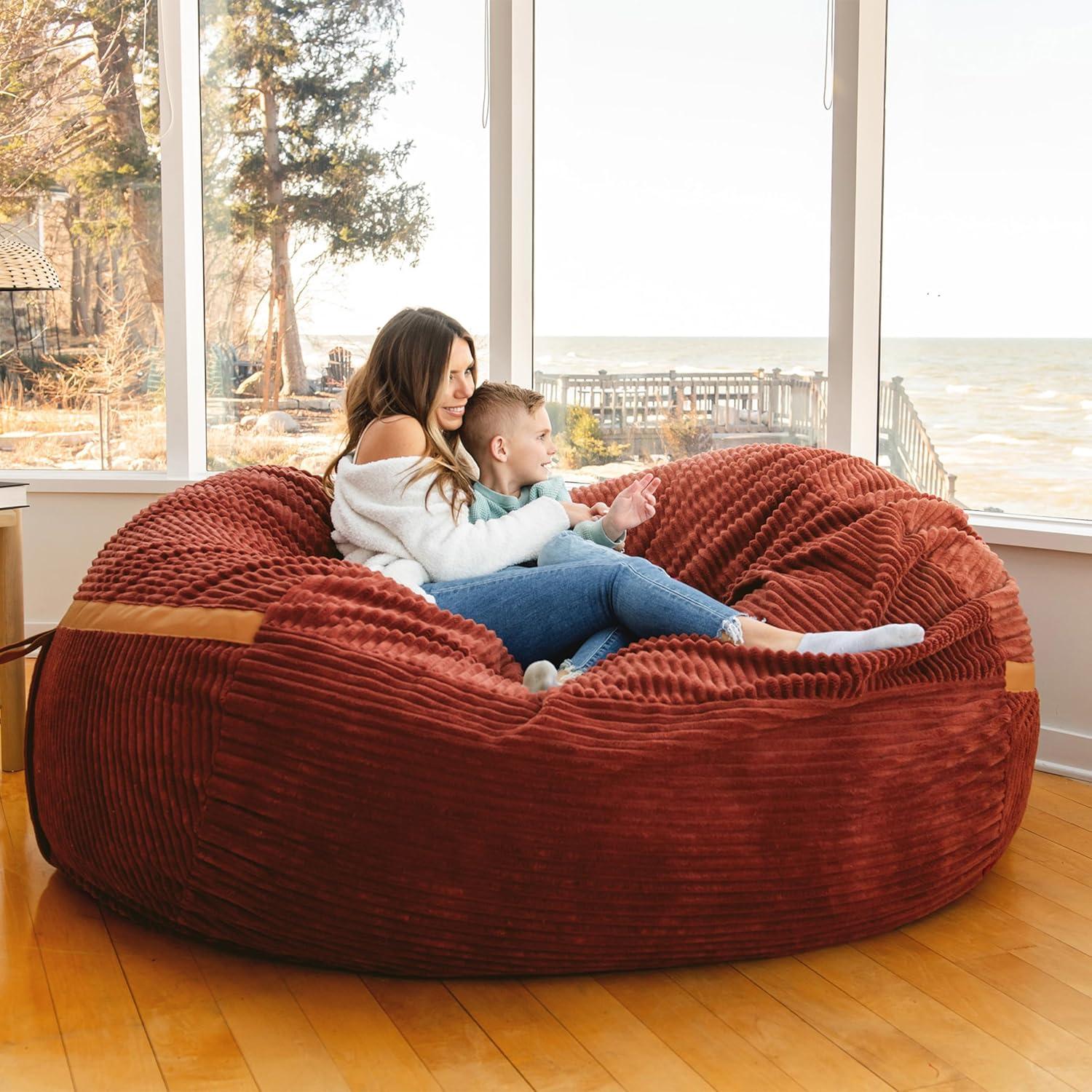 Big Joe Foam Filled Bean Bag Chair with Removable Cover, Corded Plush, Vegan Leather Accents, Medium to XXL Size