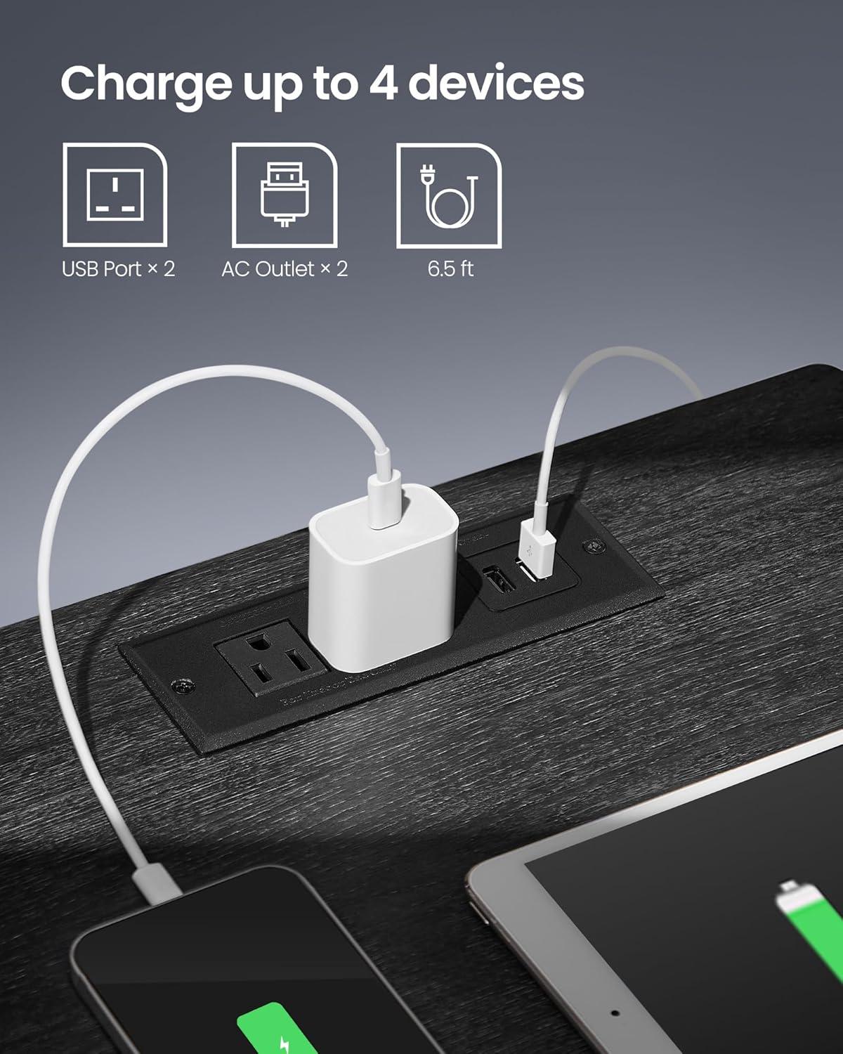 LED Nightstand with Charging Station Bedside Table with Drawer 2 AC Outlets 2 USB Ports Modern for Bedroom Living Room 13.7" D x 15.7" W x 21.7" H Black
