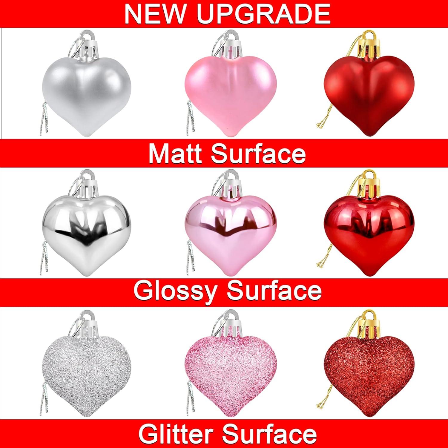Valentine's Day Decor Heart Shaped Ornaments, 36PCS Valentines Heart Decorations, Romantic Valentine's Day Hanging Decorations, Red Pink Silver Heart Shaped Baubles for Home Wedding Party