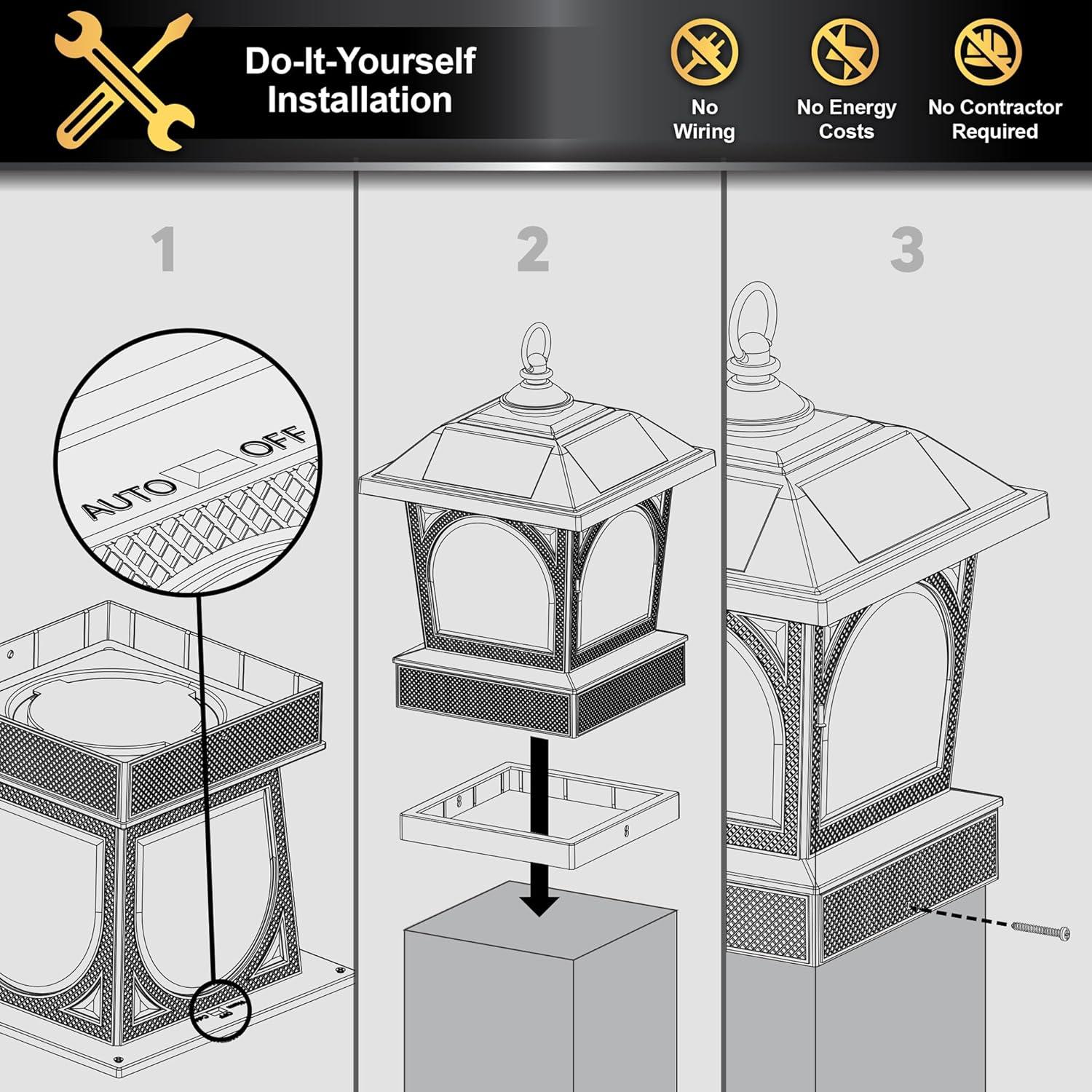 Black Aluminum LED Solar Post Cap Lantern