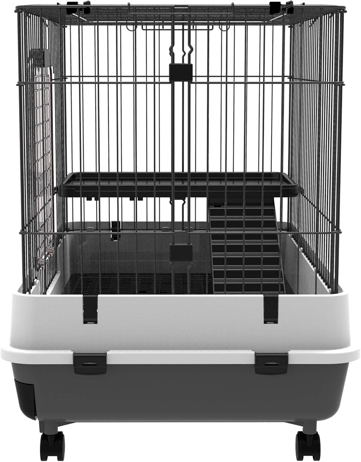 PawHut 2-Level Small Animal Cage Rabbit Hutch with Wheels, Removable Tray, Platform and Ramp for Bunny, Chinchillas, Ferret, Black