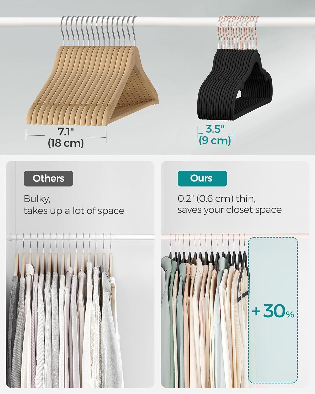 SONGMICS Velvet Hangers 50 Pack, Non-Slip with Rose Gold-Colored Swivel Hooks, Slim Space-Saving for Closet, Heavy-Duty, Black UCRF026B50