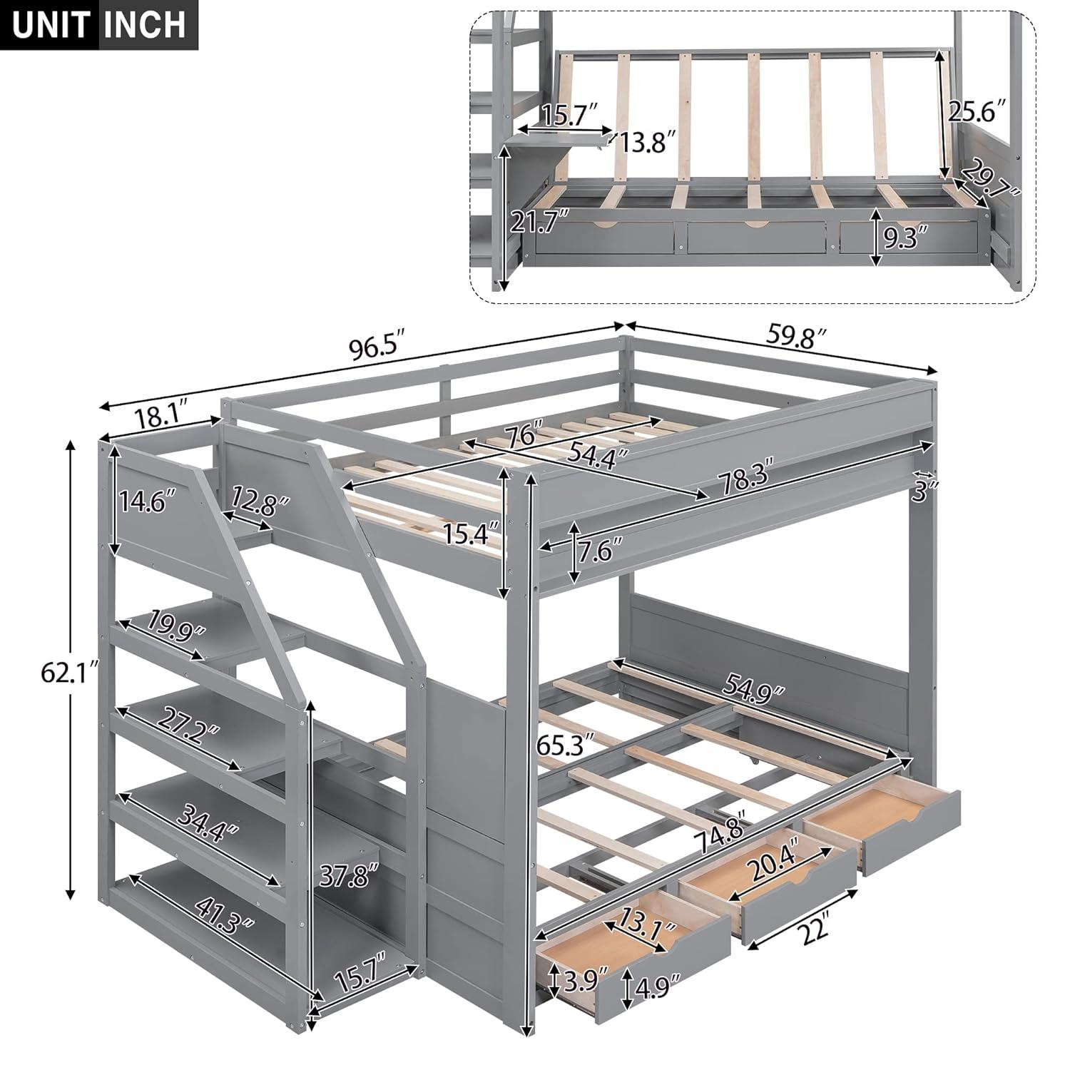 Harper & Bright Designs Full Over Full Bunk Beds with Stairs and Small Shelf, Wood Convertible Bunk Bed can be Converted into Daybed (Gray)
