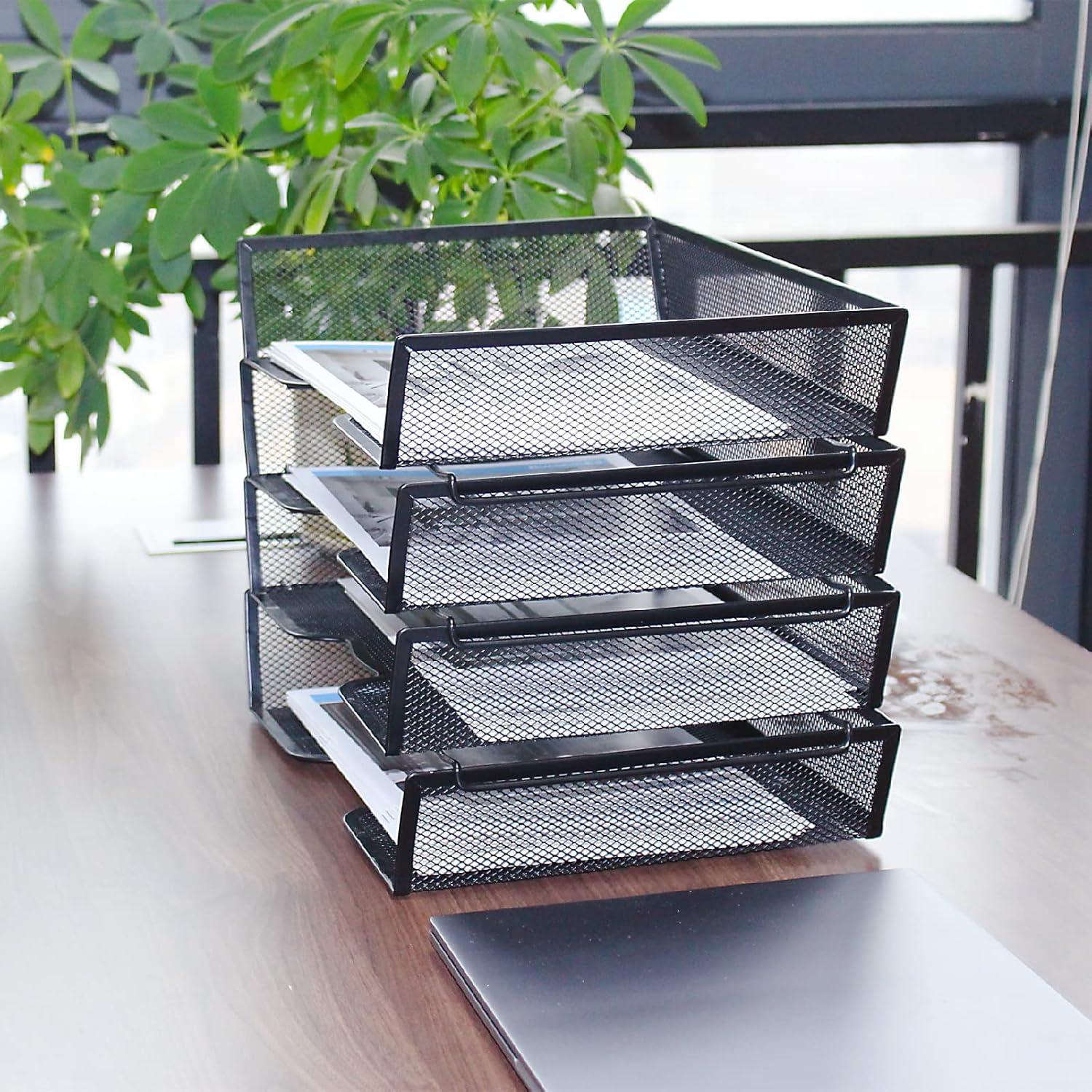 Stackable Paper Tray Desk Organizer – 4 Tier Metal Mesh Letter Organizers for Business, Home, School, Stores and More, Organize Files, Folders, Letters, Paper, Binders