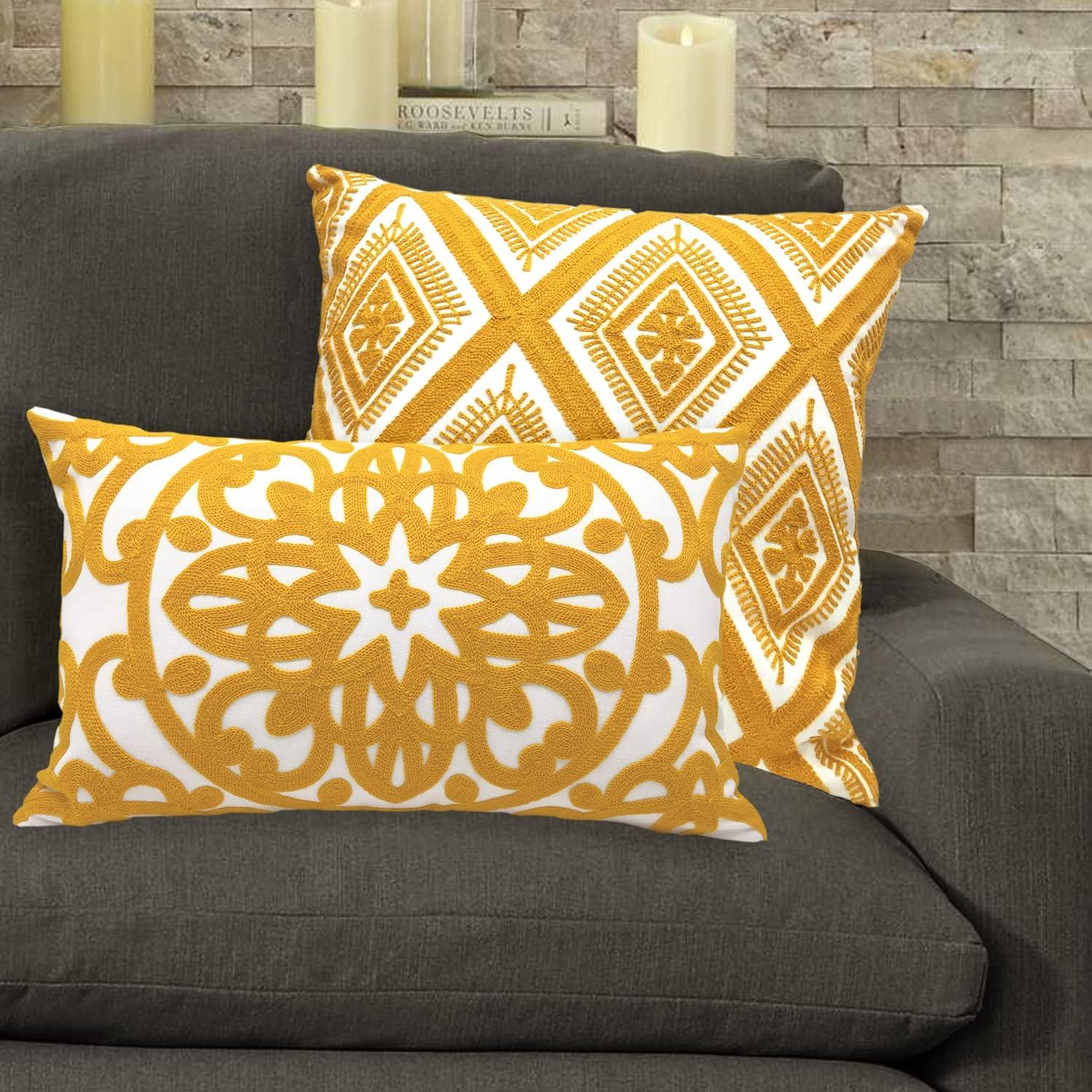 Mustard Yellow Cotton Embroidered Lumbar Pillow Cover 12" x 20"