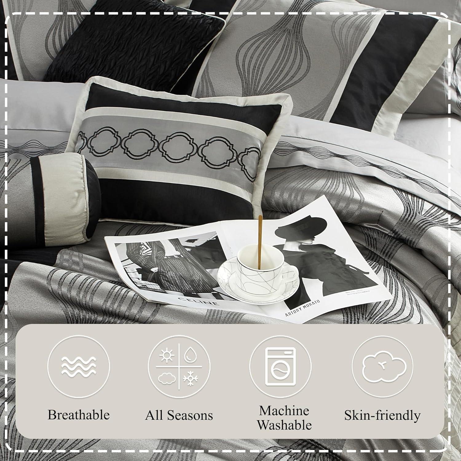 Lanco Black and Silver Comforter Set Queen Size, 7 Pieces Bedding & Collection, Jacquard All Season Comforter & Pillows, Ultra-Soft Microfiber