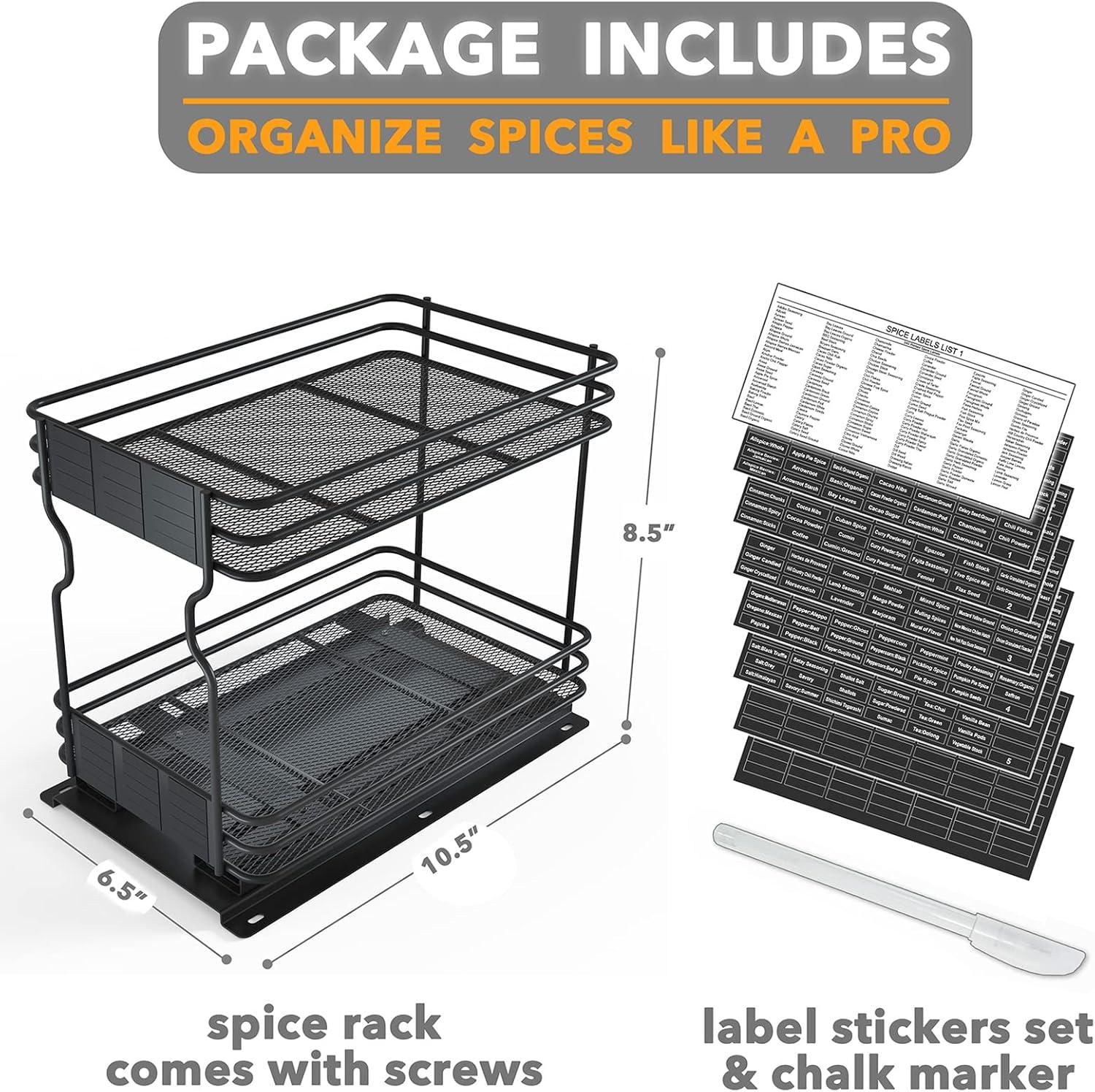 SpaceAid Heavy Duty Pull-Out Spice Rack Organizer for Cabinets – Slide-Out Seasoning Holder with Labels, 1 Drawer, 2-Tier
